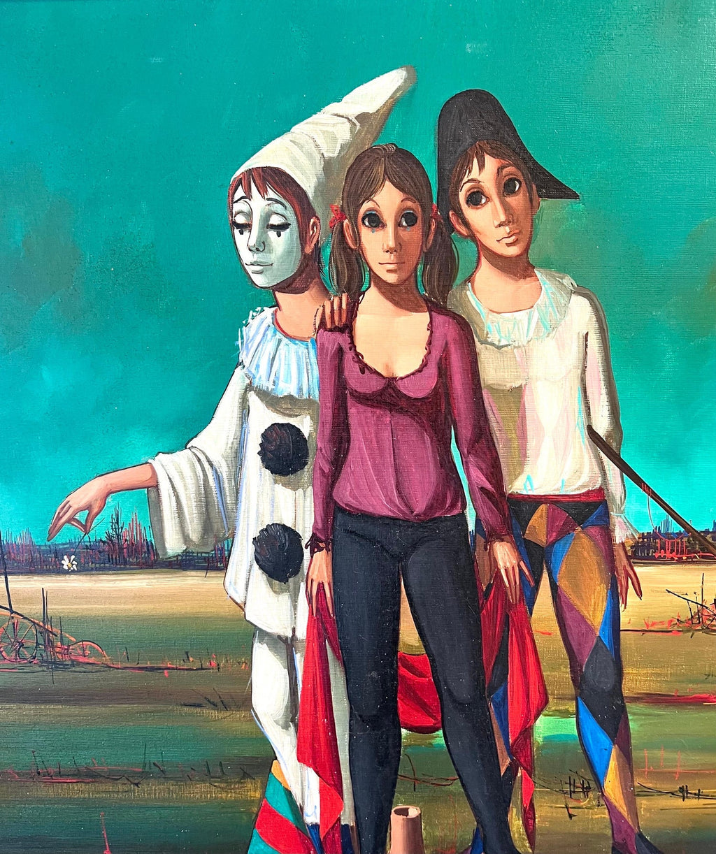 French Mod Surrealist Commedia dell'arte Circus Scene Oil Painting J.P. Serrier