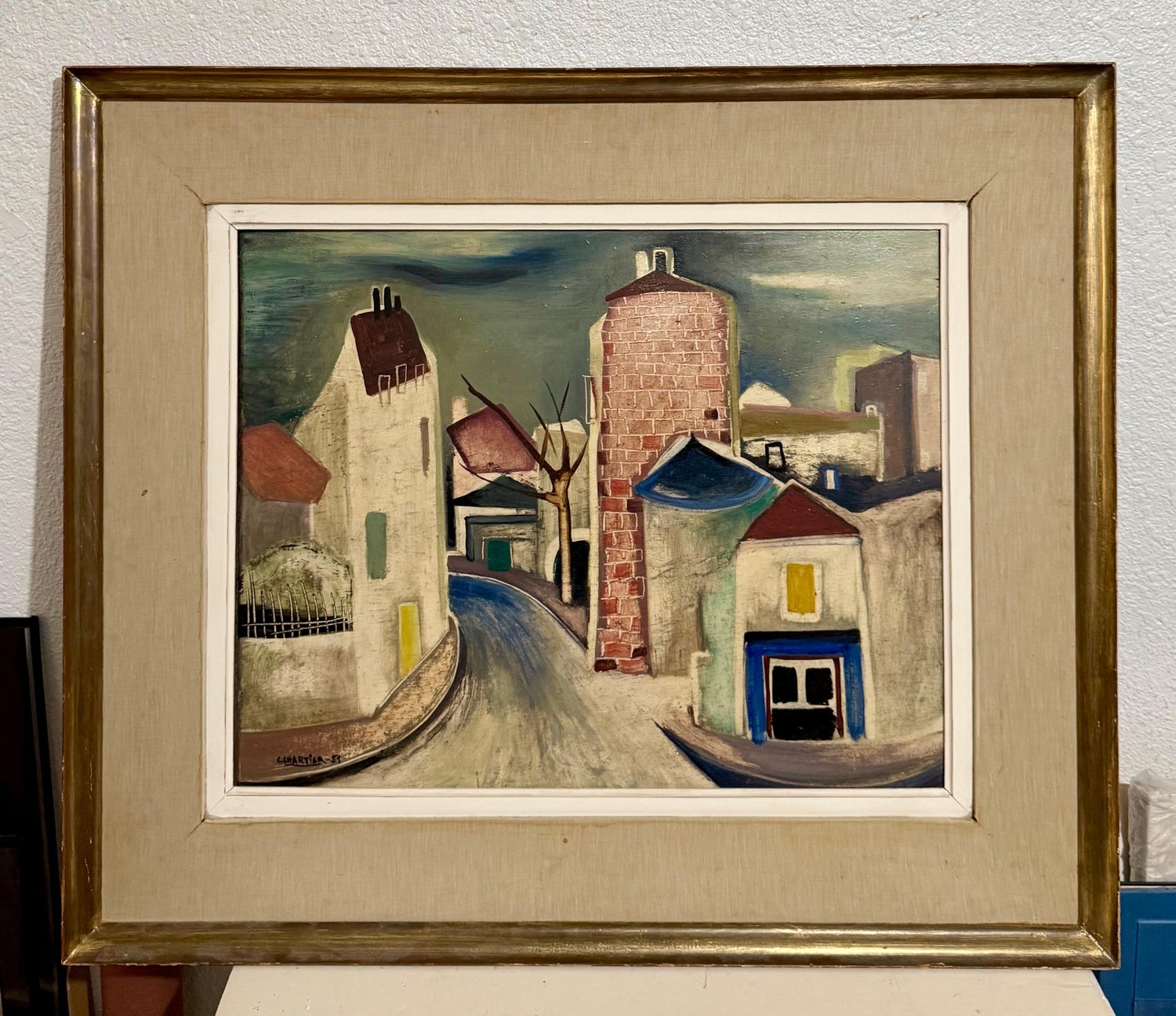 Charles Chartier 1951 French Cubist Modernist Oil Painting Surreal Paris Village
