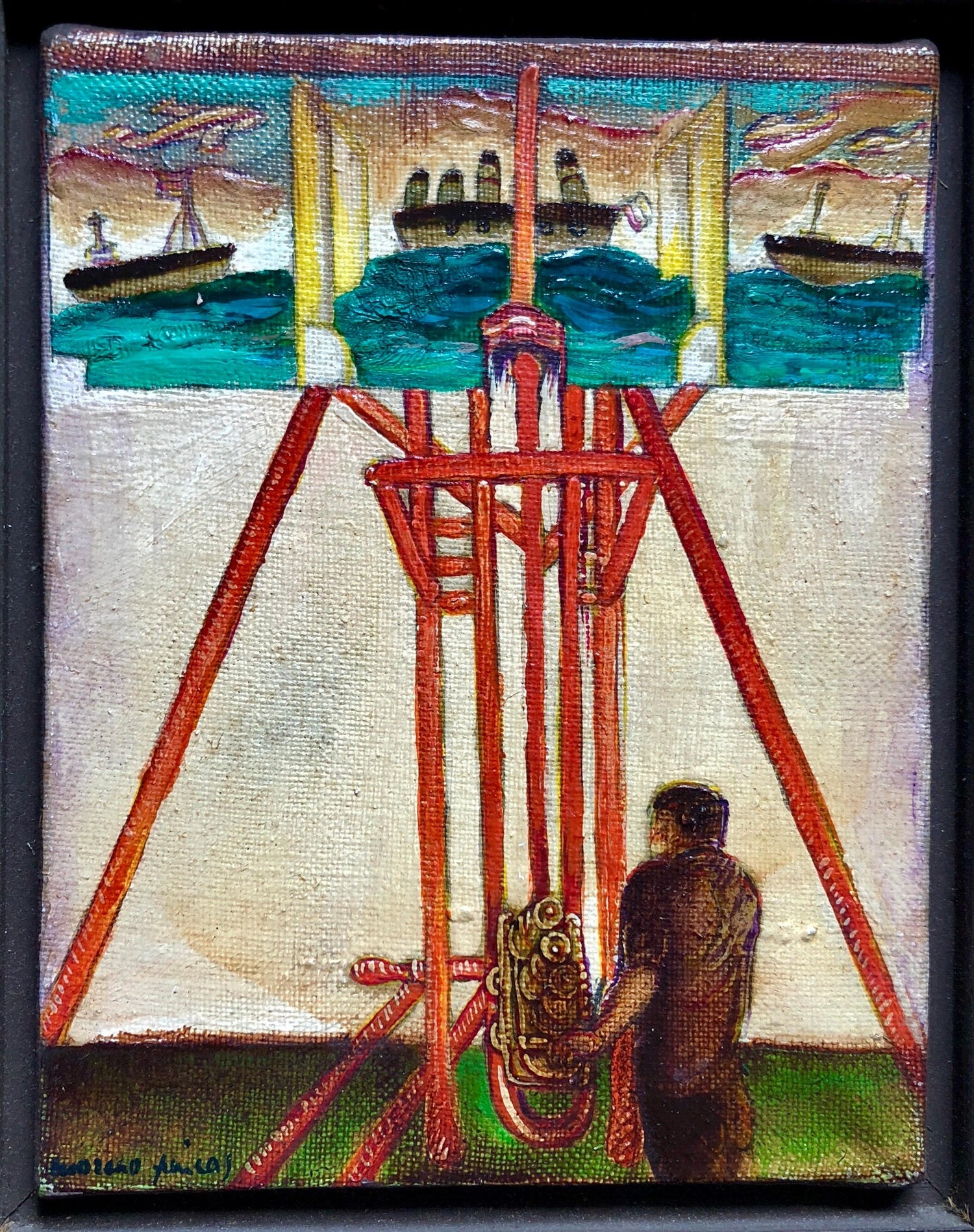 Surrealist Bulgarian French Israeli Riviera Scene Boats Oil Painting