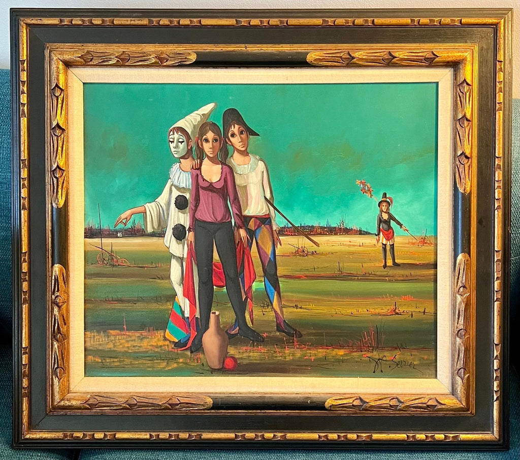 French Mod Surrealist Commedia dell'arte Circus Scene Oil Painting J.P. Serrier