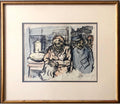 Judaica German Expressionist Watercolor Painting Lithograph Israeli Bezalel Art