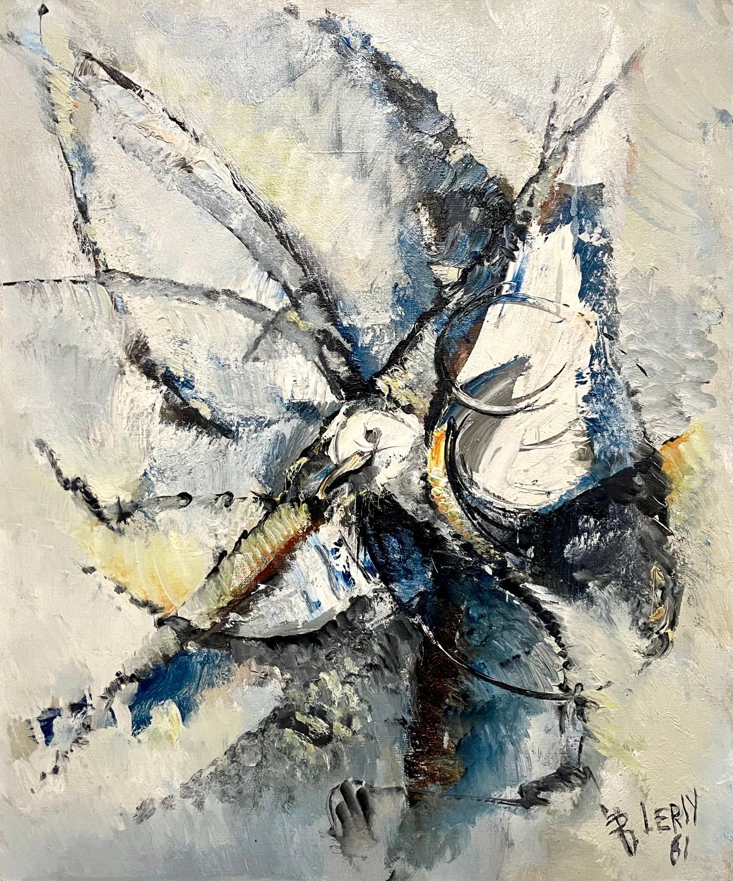 Large Modernist French Abstract Expressionist Colorful Bird Painting Roger Lersy