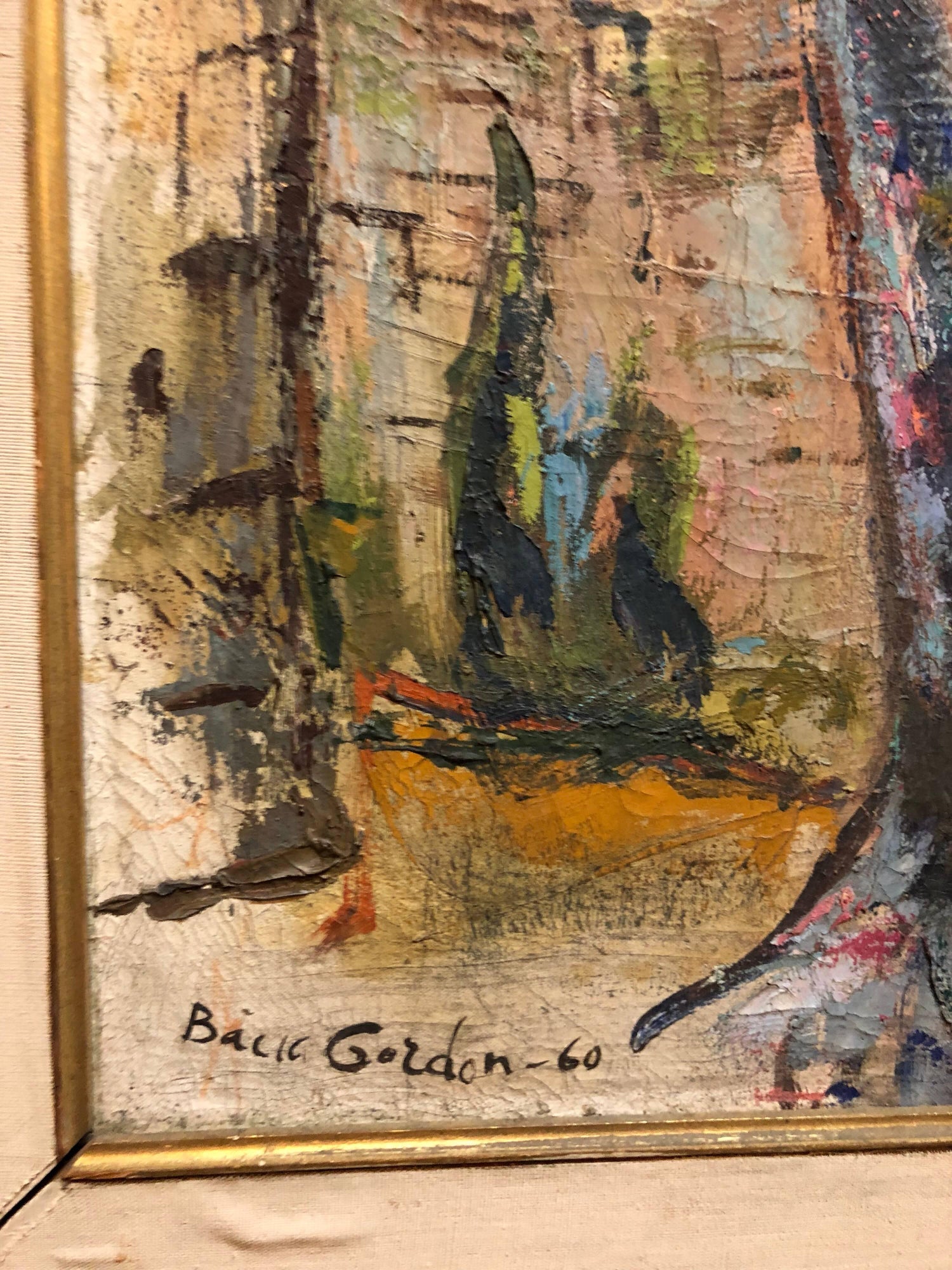 Mid Century Modernist Israeli 'Sabra in Haifa' Landscape Harbor Oil Painting