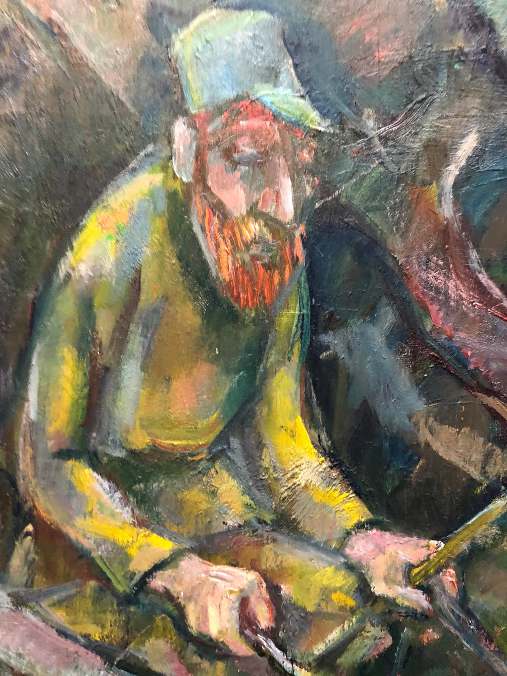 Large Modernist Oil Painting 1940s, Judaica Hasidic Shtetl Wagon Driver WPA Era