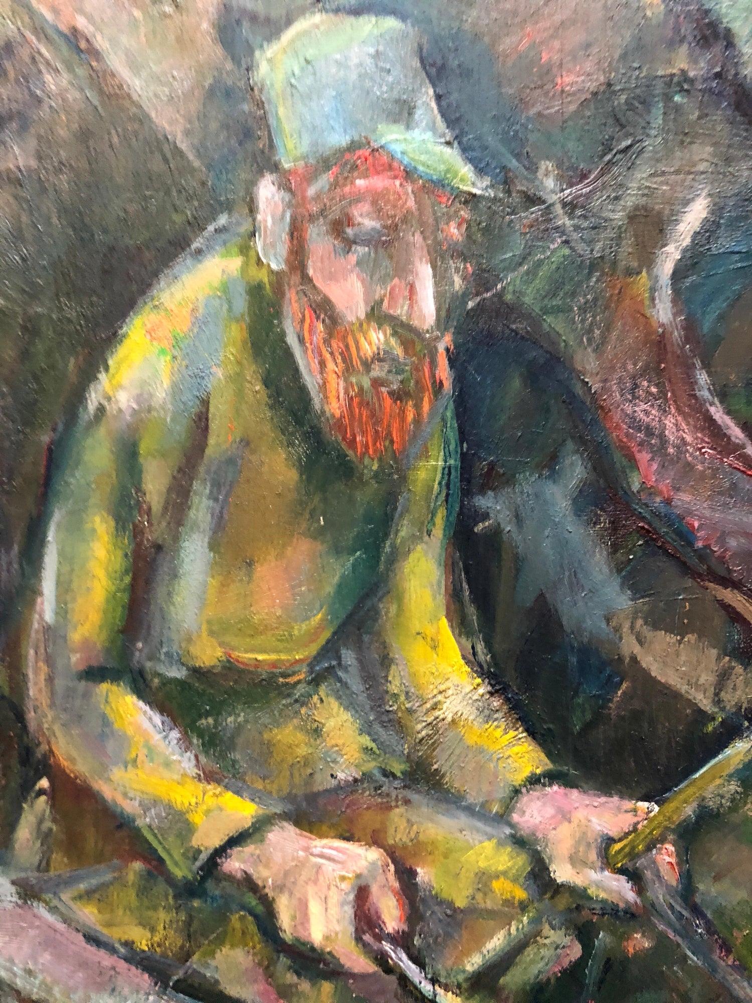 Large Modernist Oil Painting 1940s, Judaica Hasidic Shtetl Wagon Driver WPA Era