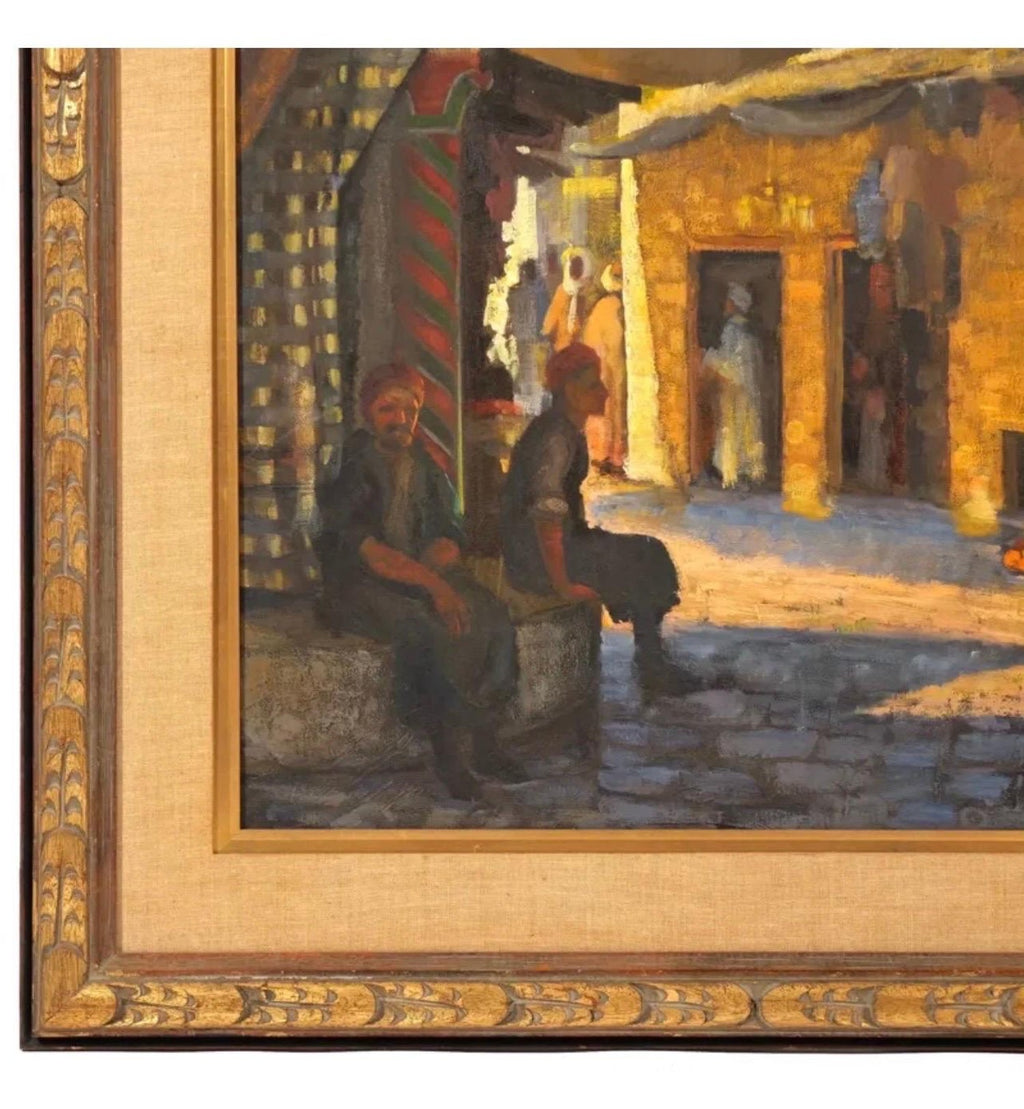 Large Orientalist Arab Oil Painting Merchants at the Bazaar Souq Jalal Gharbi