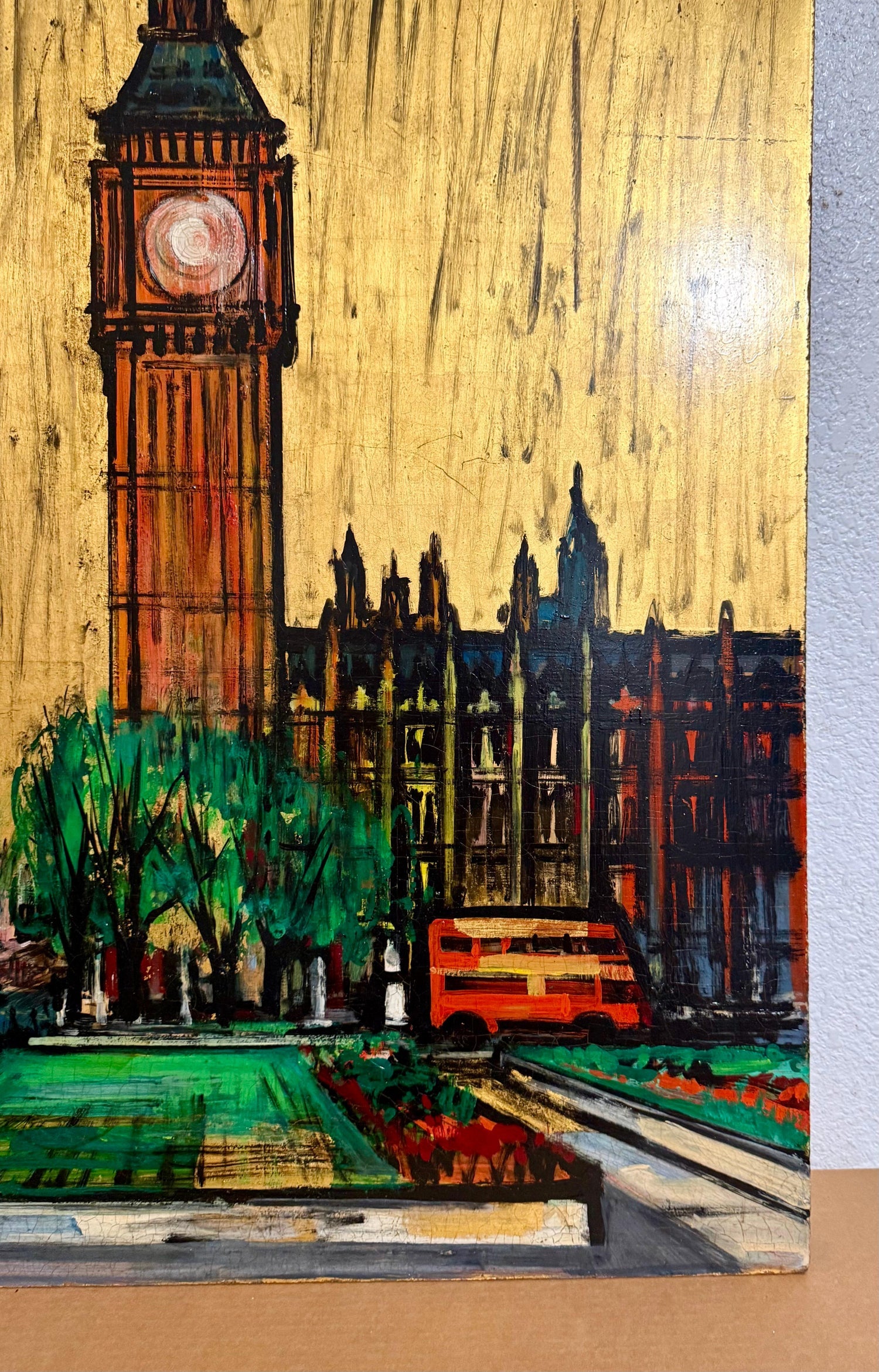 Large London Big Ben Mod Mid Century Architectural Modernist Gold Leaf Painting