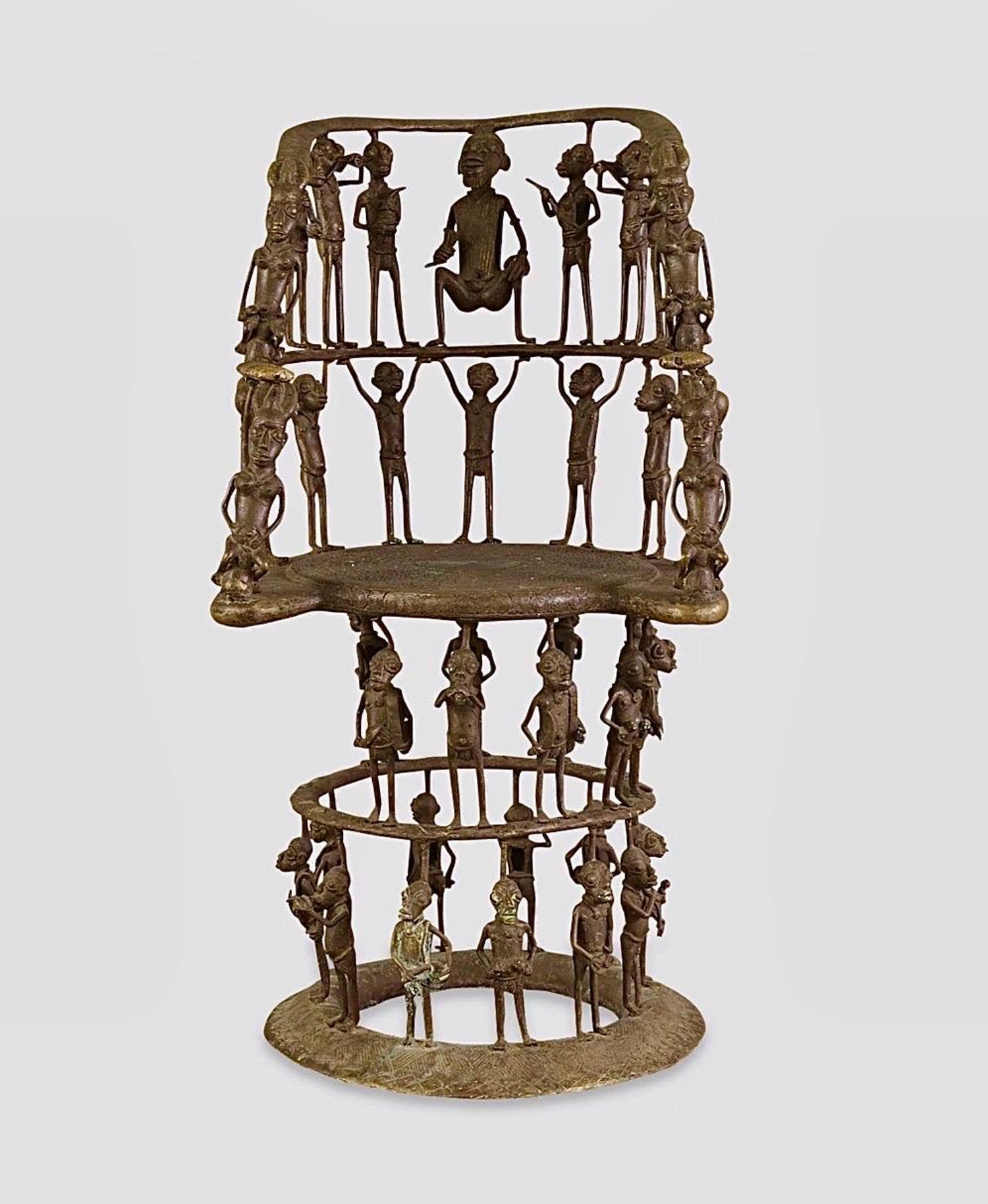 Rare African Solid Benin Bronze Ceremonial Throne Chair Multi Figure Sculpture