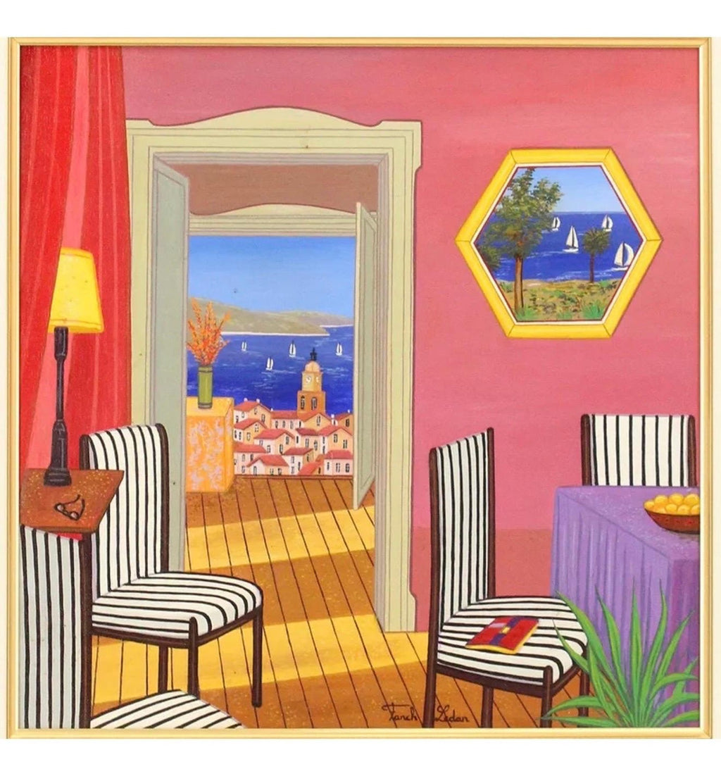 Whimsical Naive Mediterranean Seaside Interior Folk Art Oil Painting Fanch Ledan