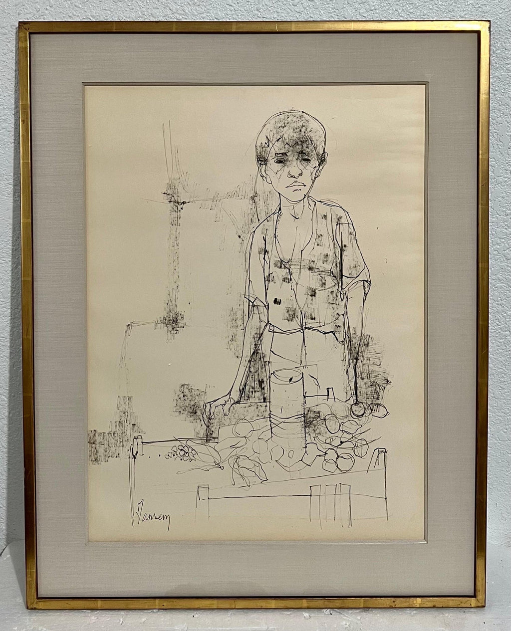 Large Drawing of Boy by French Armenian Modernist Jean Jansem Ecole De Paris Art