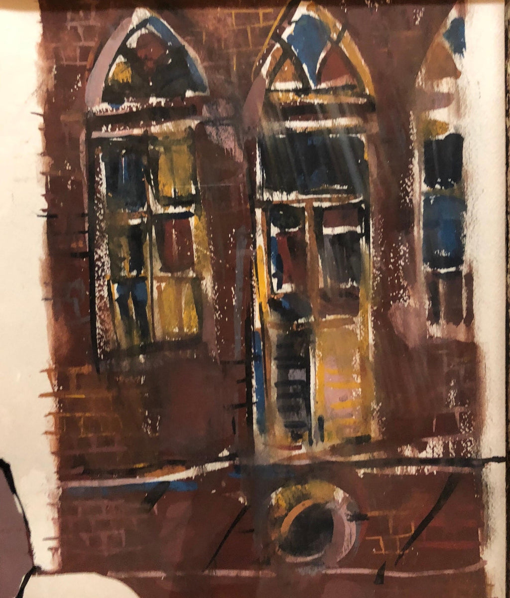 Large Watercolor Painting Israeli Modernist Judaica Rabbi with Children, Bezalel