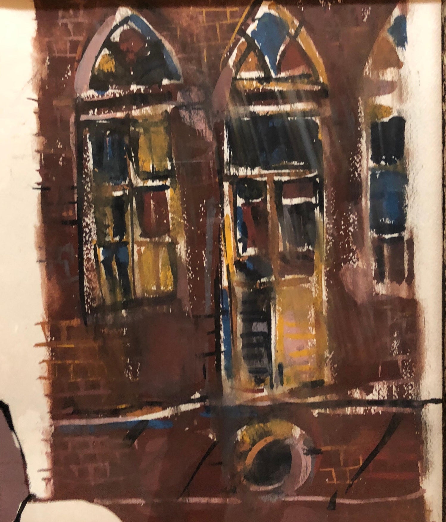 Large Watercolor Painting Israeli Modernist Judaica Rabbi with Children, Bezalel