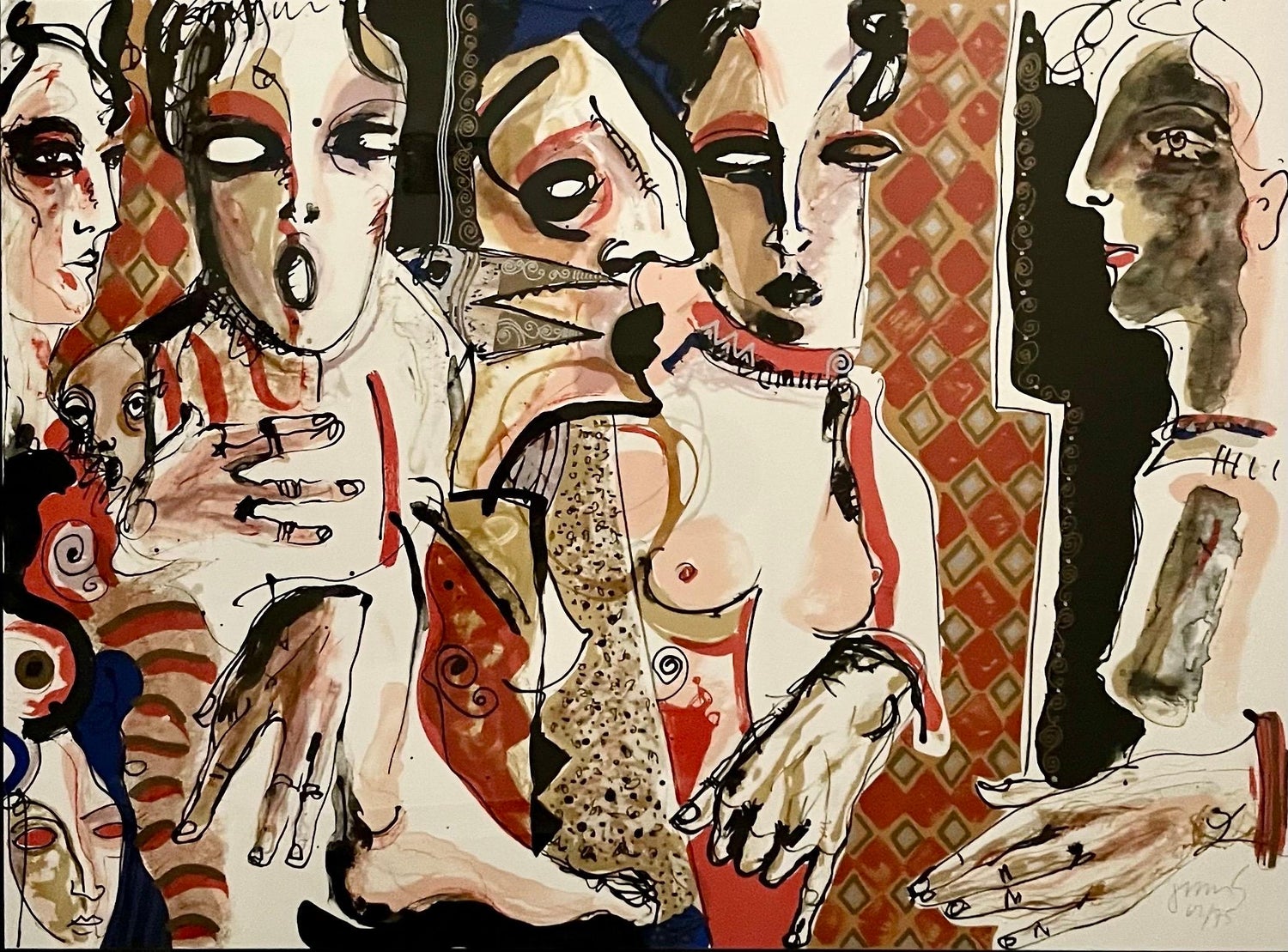Large Mexican Figurative Expressionist Lithograph Women Juan Sebastian Barbera