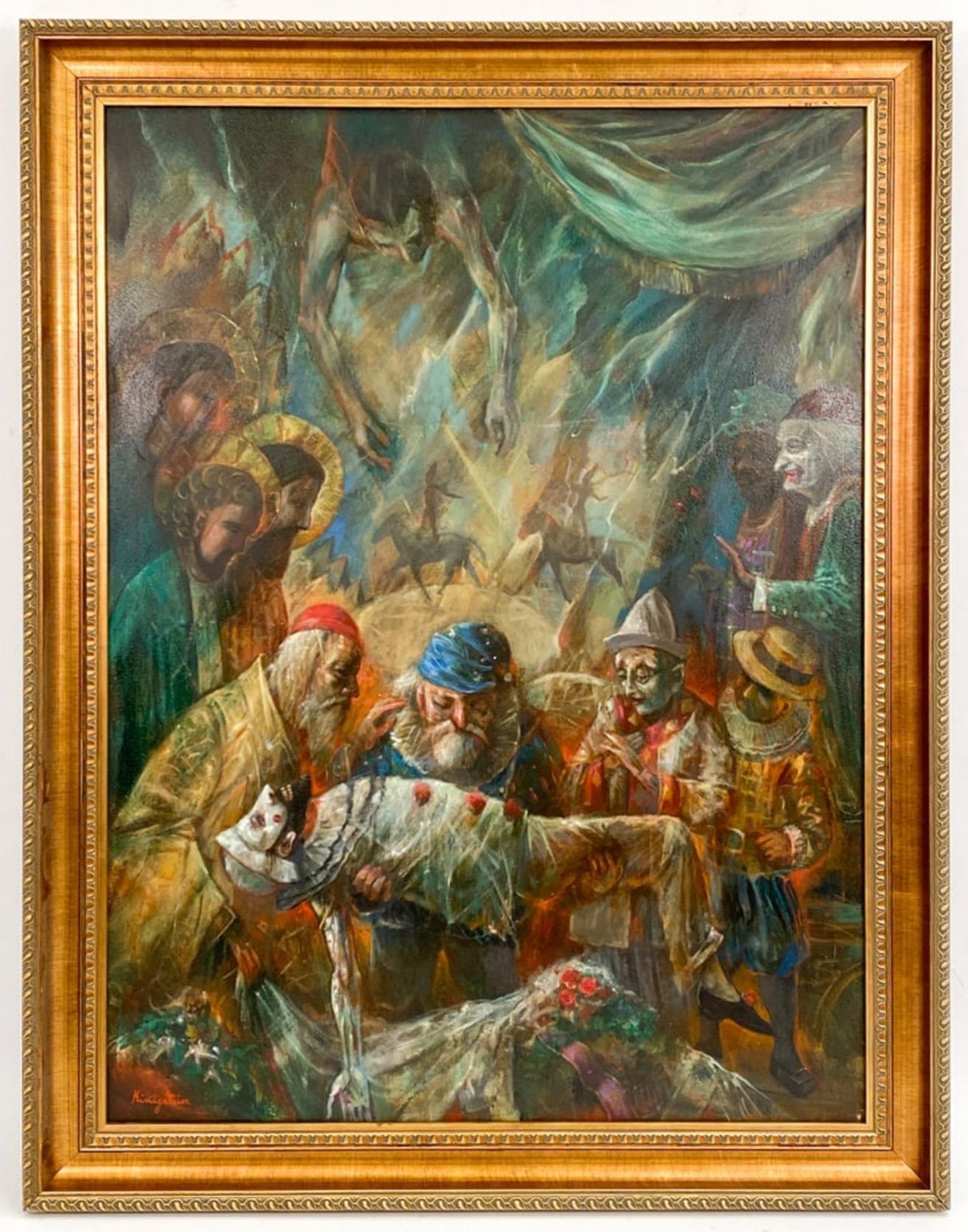 Large Oil Painting Circus Scene Clowns Rediscovered NY Artist Jonah Kinigstein