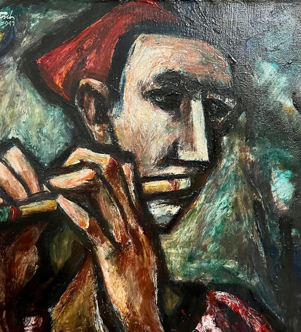 1947 Expressionist Oil Painting Flute Player Musician Boris Deutsch WPA Artist