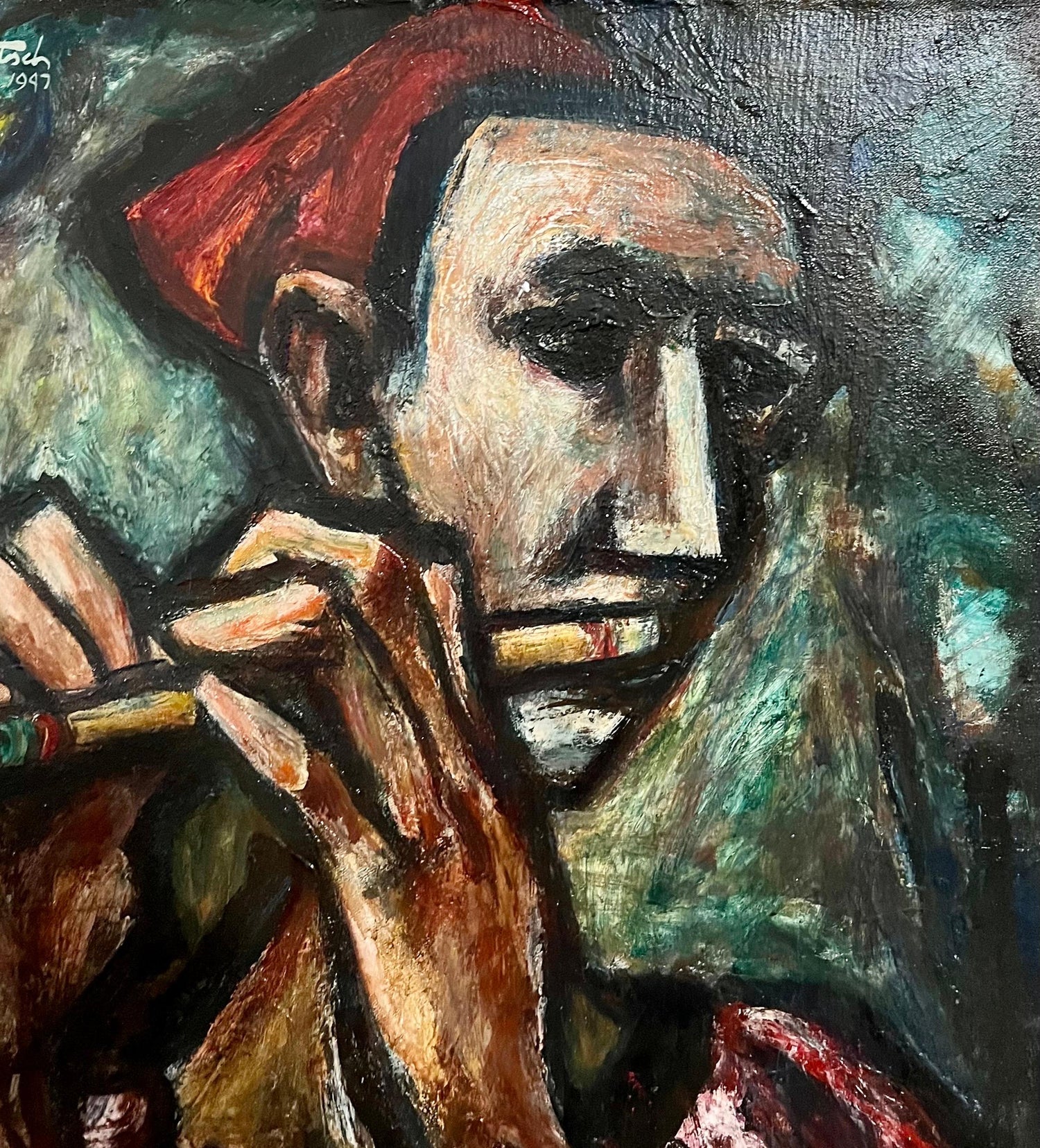 1947 Expressionist Oil Painting Flute Player Musician Boris Deutsch WPA Artist