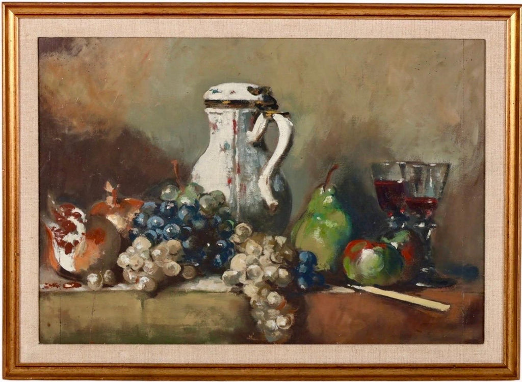 Israeli Folk Art Oil Painting Pomegranates Naive Style Still Life Hedva Yardeni