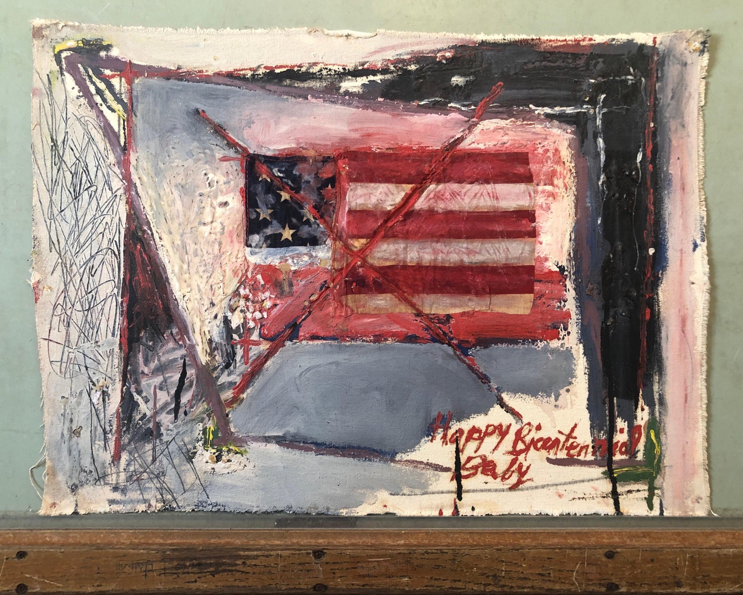 Abstract Expressionist Happy Bicentennial Baby, American Flag Collage Painting