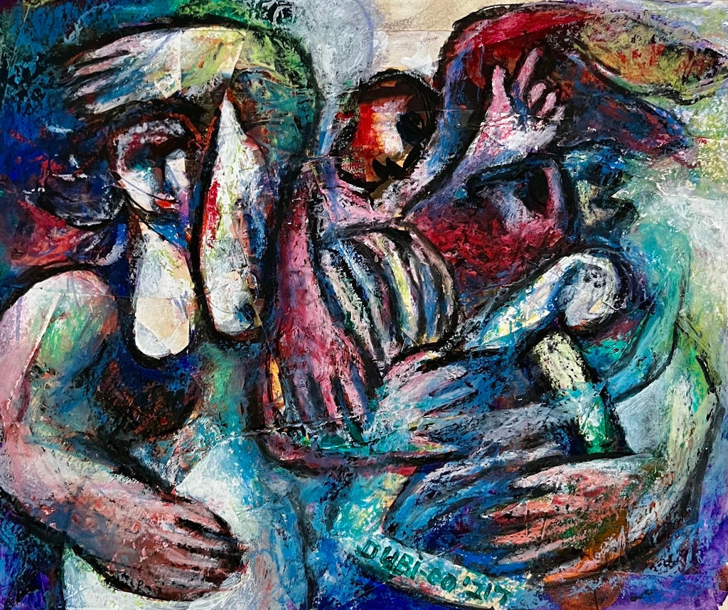 Israeli Judaica Original Painting "The Lovers" in Garden Polish Artist Arie Dubi