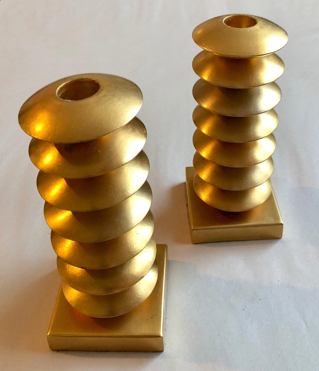 French Gilt Gold Sculpture Sputnik Space Age Post Modern Pair Candlesticks