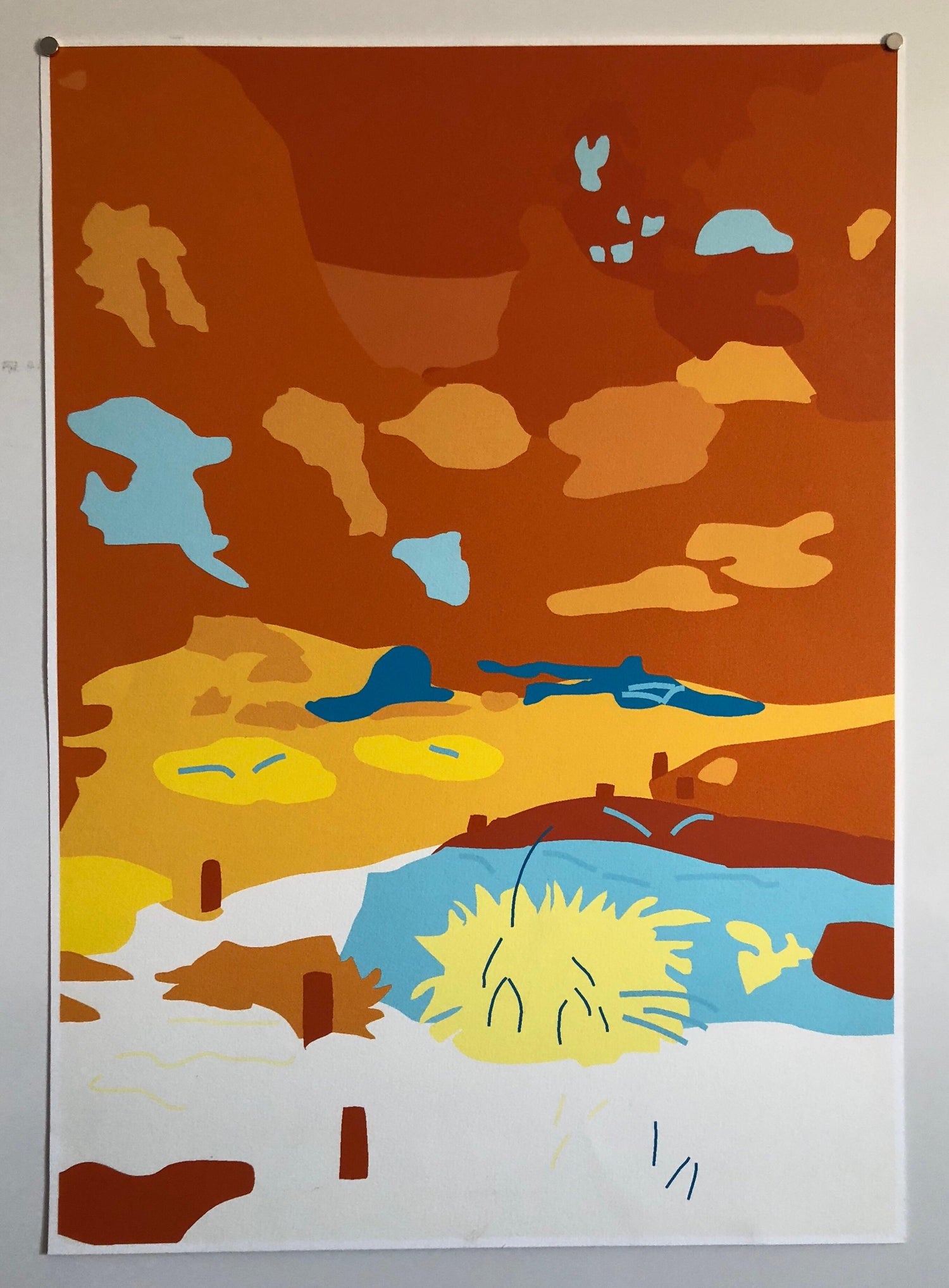 Large Abstract Vibrant Colorful Silkscreen Serigraph Print Japanese Garden