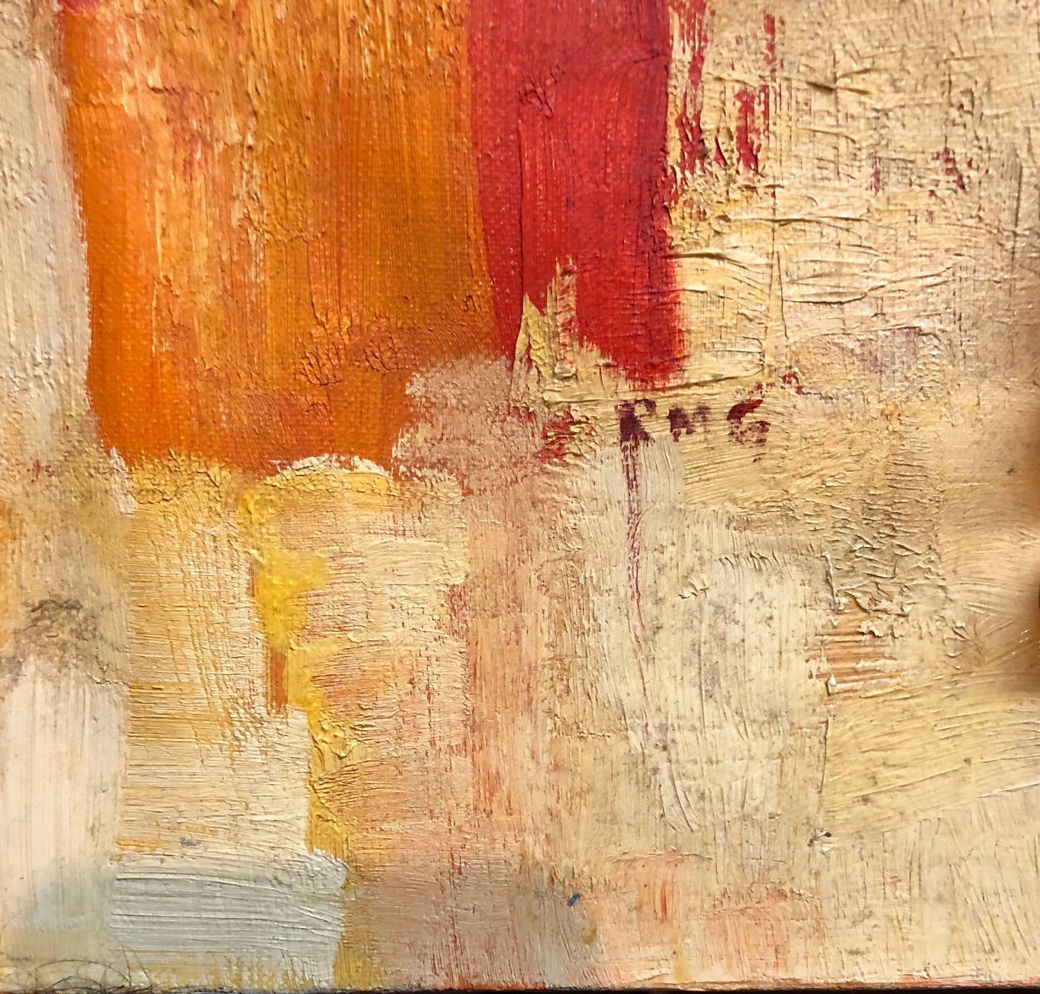 Abstract Orange Squares on Yellow "Spain" Stencilled Letters Mod Oil Painting