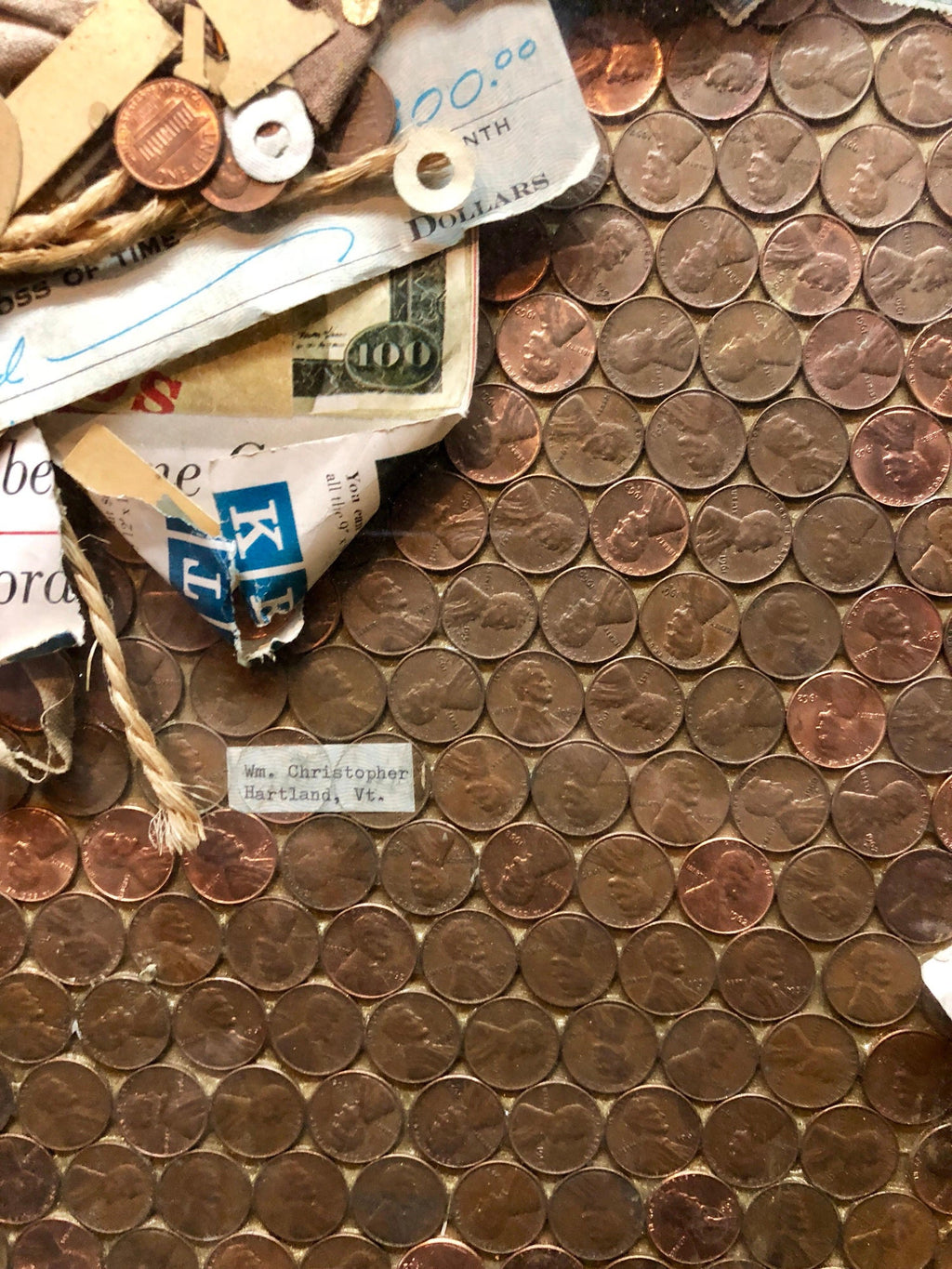 Assemblage Collage Painting/Sculpture with Pennies and Scrap Civil Rights Artist