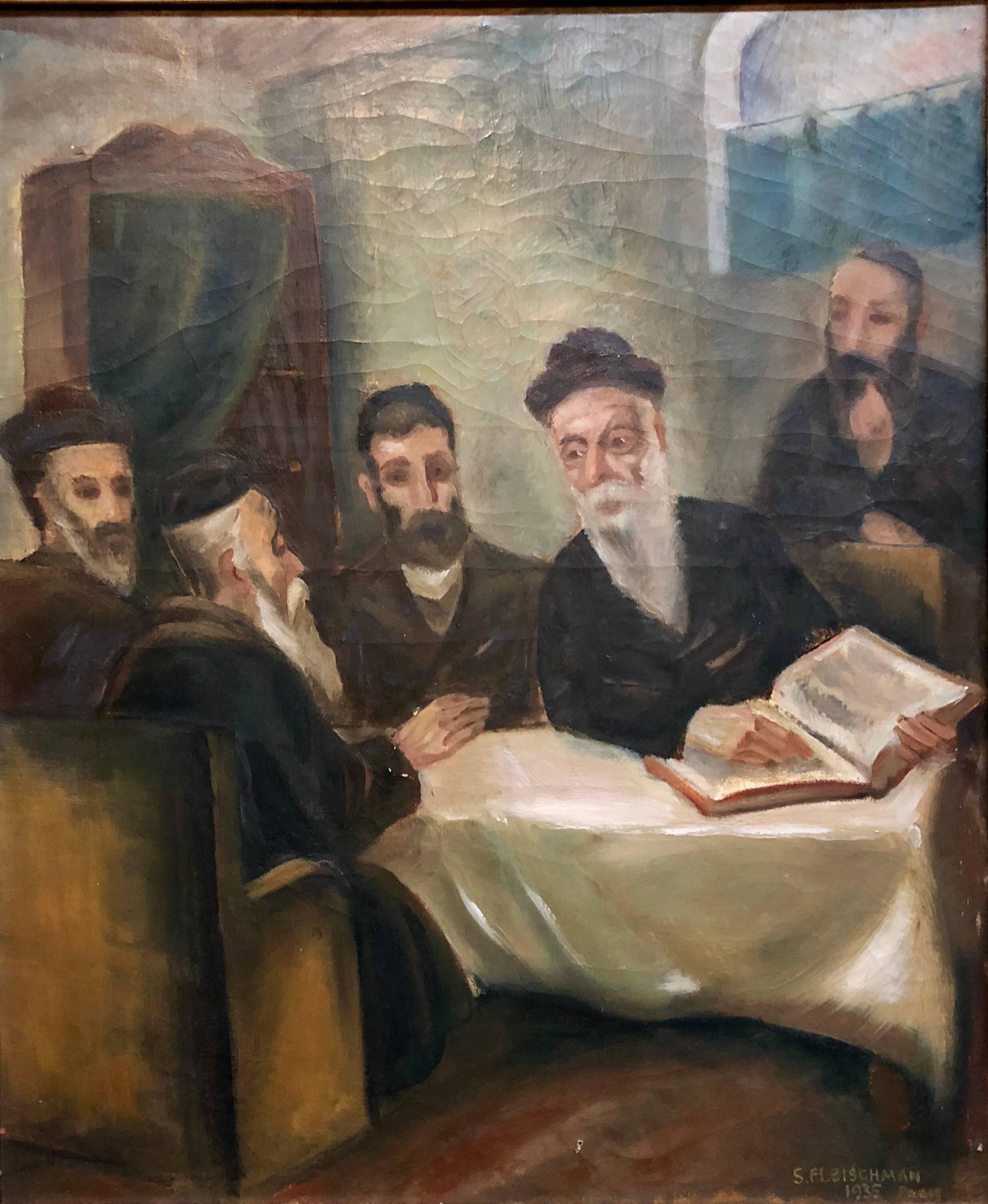 Rare French, Paris 1935 Judaica Oil Painting Rabbis Studying S. Fleischman
