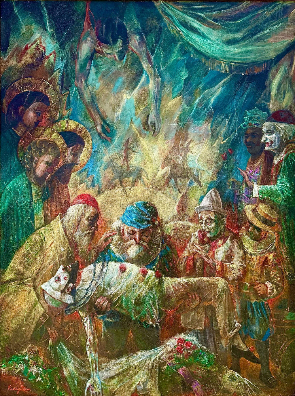 Large Oil Painting Circus Scene Clowns Rediscovered NY Artist Jonah Kinigstein