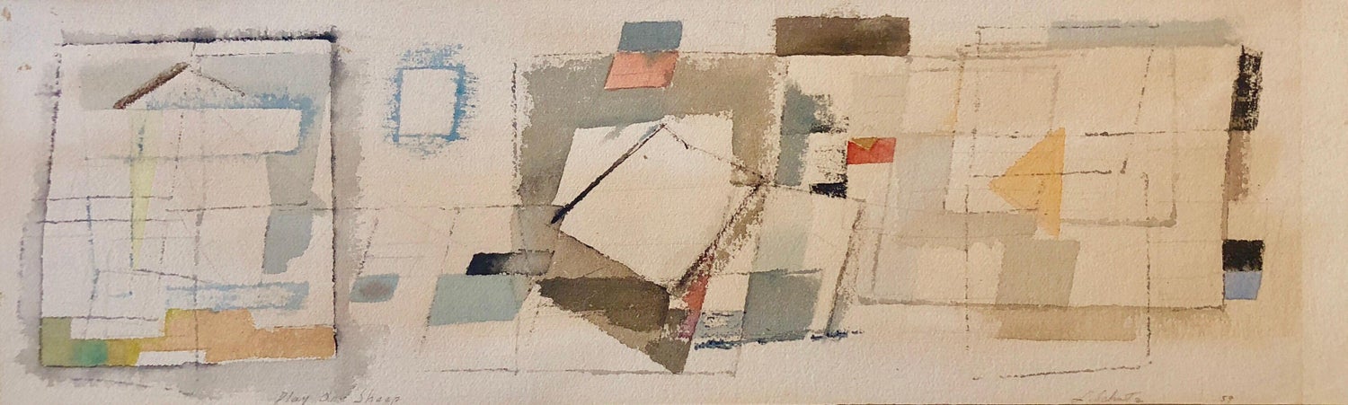 Abstract with Figures Israeli Mid Century Modernist Woodcut Watercolor Painting