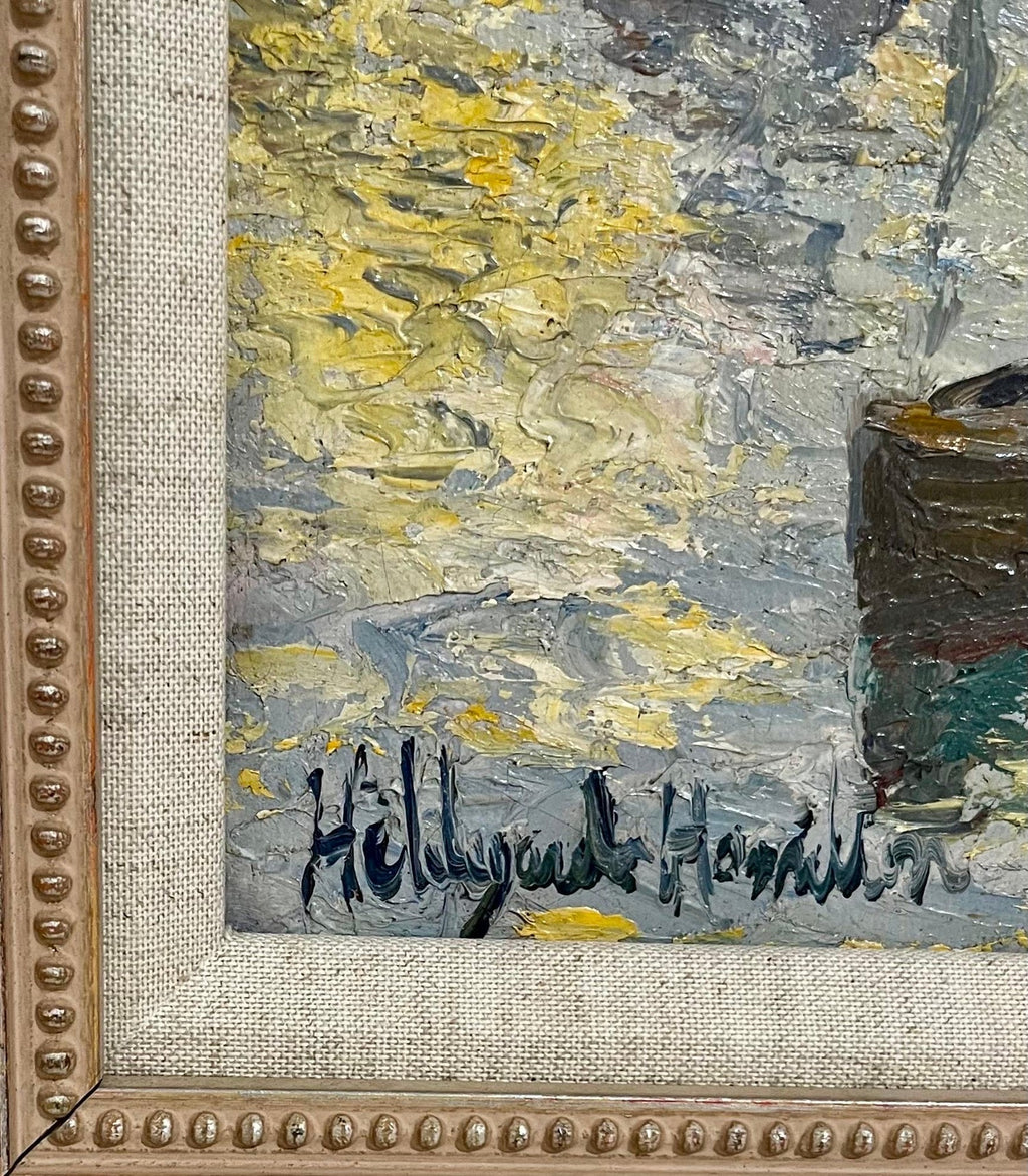 Oil Painting Harbor Scene with Naval Ships Sailors & Boats Hildegarde Hamilton