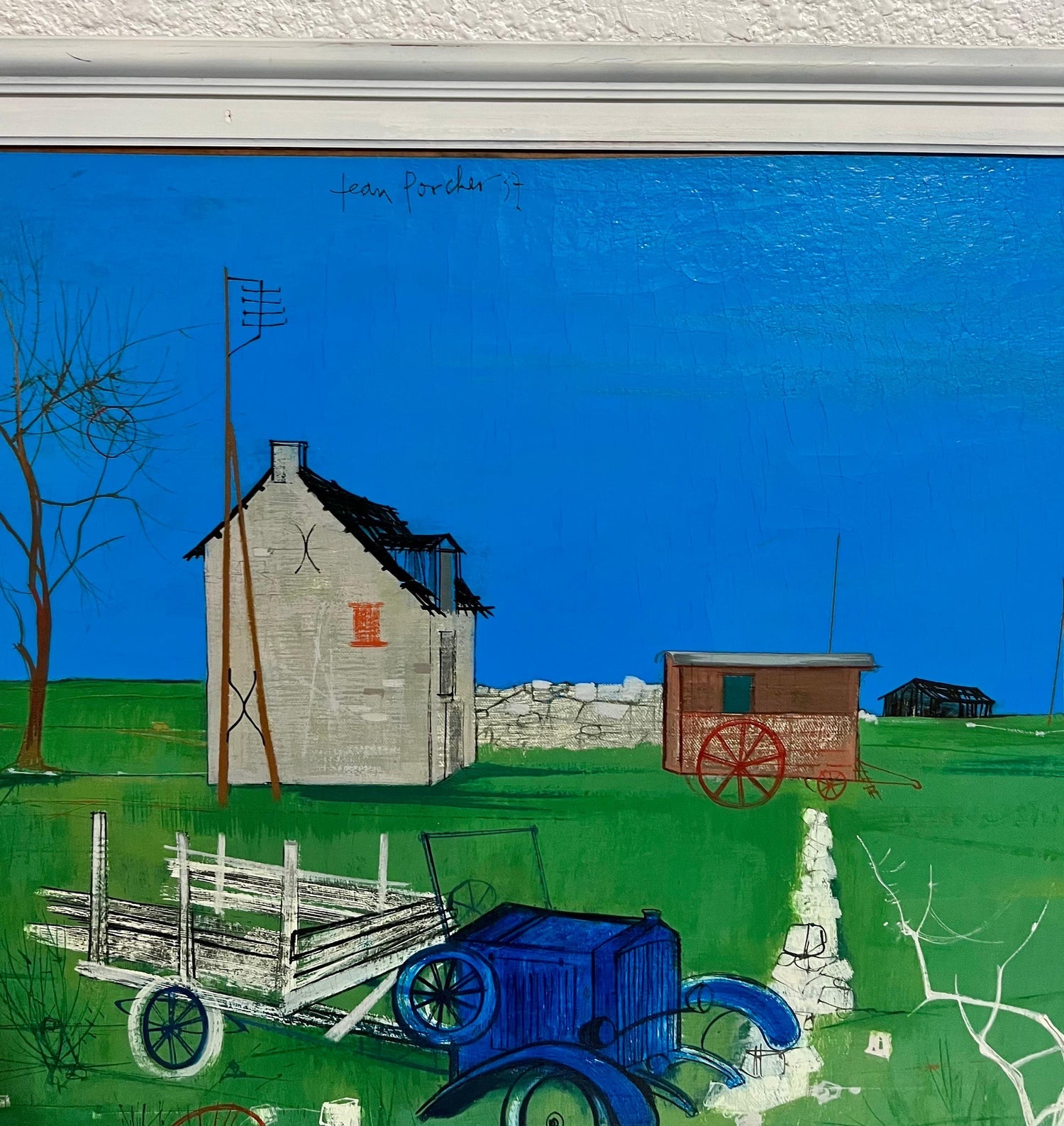 1950's Mid Century French Modernism Abandoned Fiat Automobile Art  Oil Painting