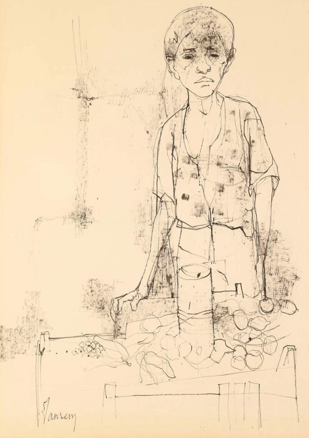 Large Drawing of Boy by French Armenian Modernist Jean Jansem Ecole De Paris Art
