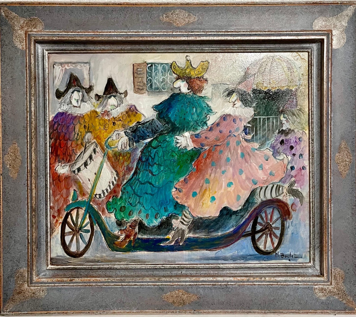 Charming French Naive Art, Clowns on Bicycle Michel Boulet Folk Art Oil Painting