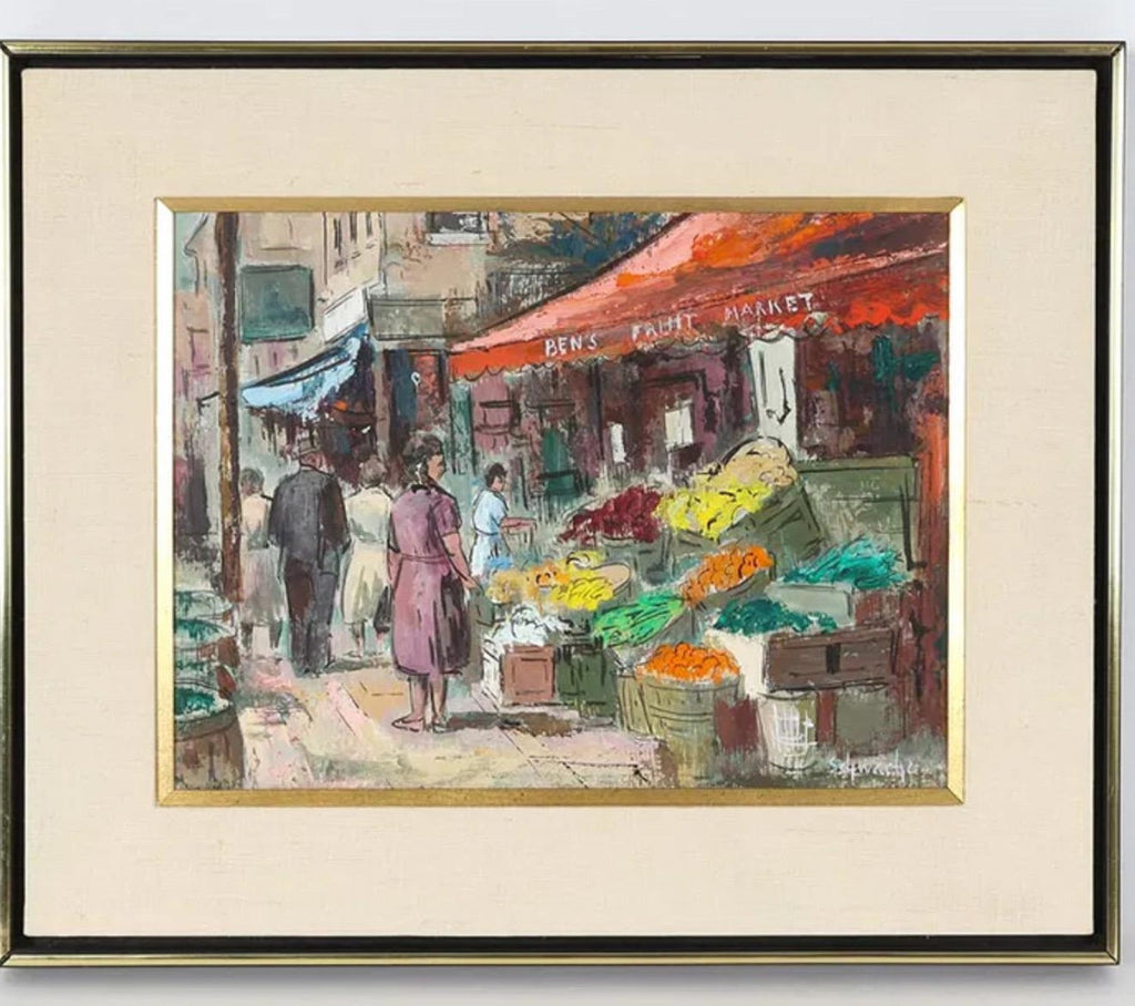 Shopping the Market Shuk Machane Yehuda Israeli Modernist Oil Pastel Painting