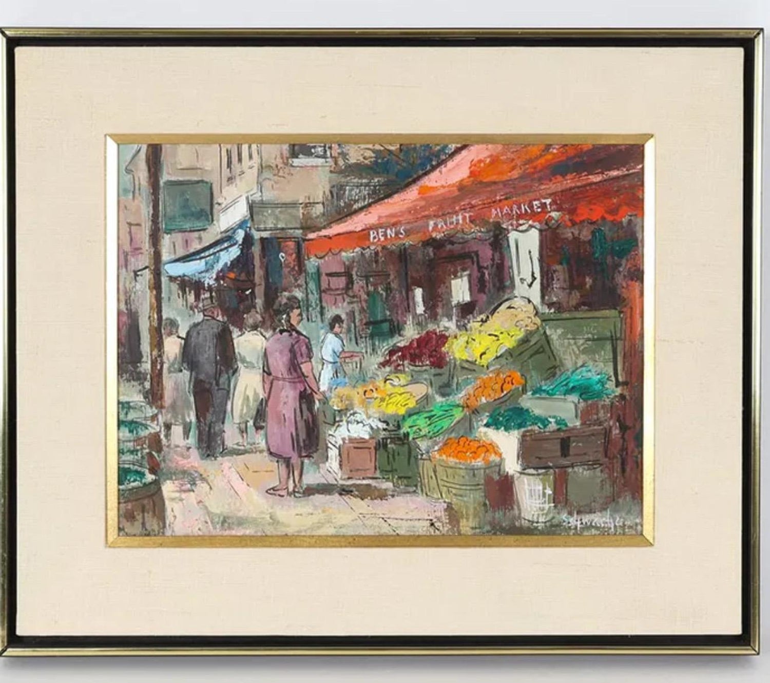 Shopping the Market Shuk Machane Yehuda Israeli Modernist Oil Pastel Painting