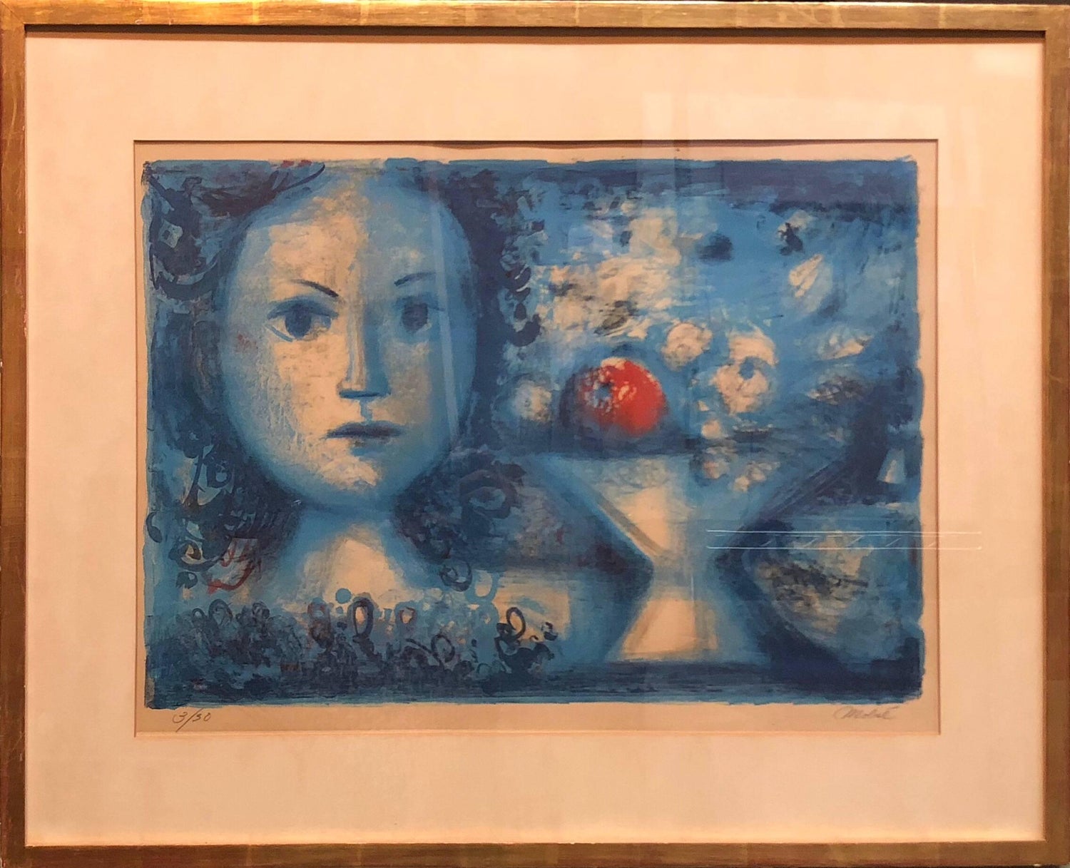 Spanish Catalan Surrealist Lithograph Portrait Girl with Fruit Still Life