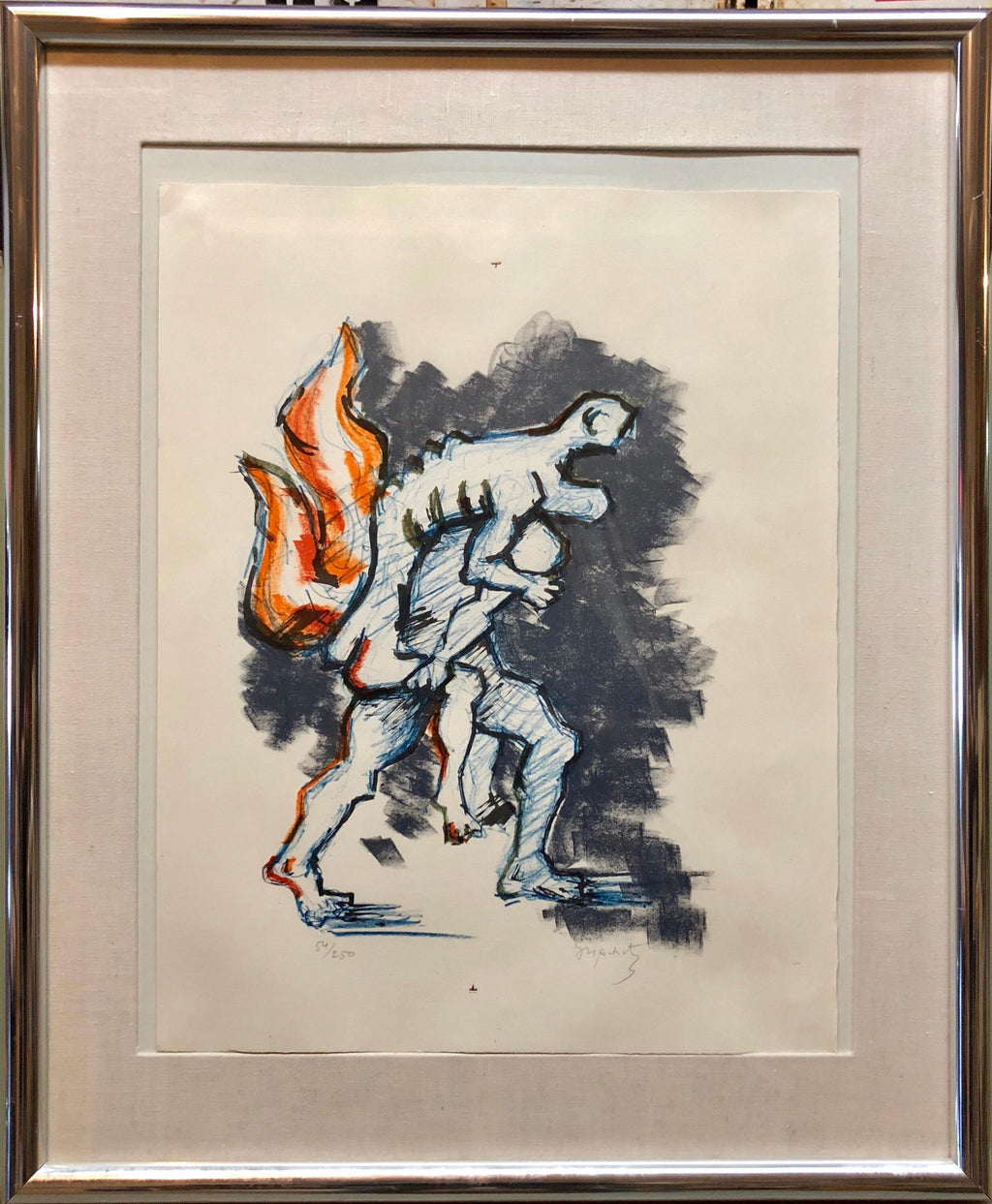 Lithuanian French Cubist Modernist Lithograph "Flight" Refugees