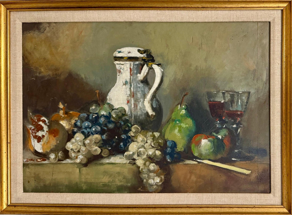 George Deem Appropriation Oil Painting Still Life, fruits, Grapes, Pomegranates