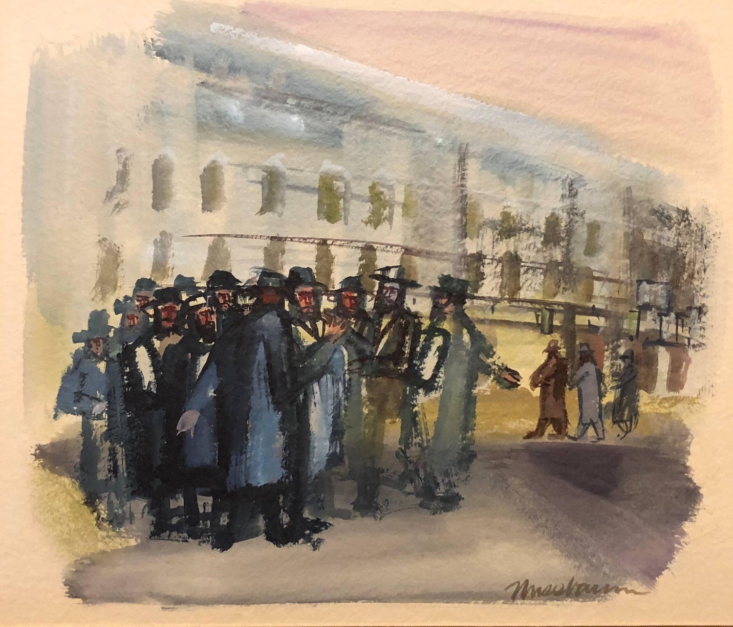 Modernist American Judaica Painting Jewish Men Outside Synagogue Eastern Parkway