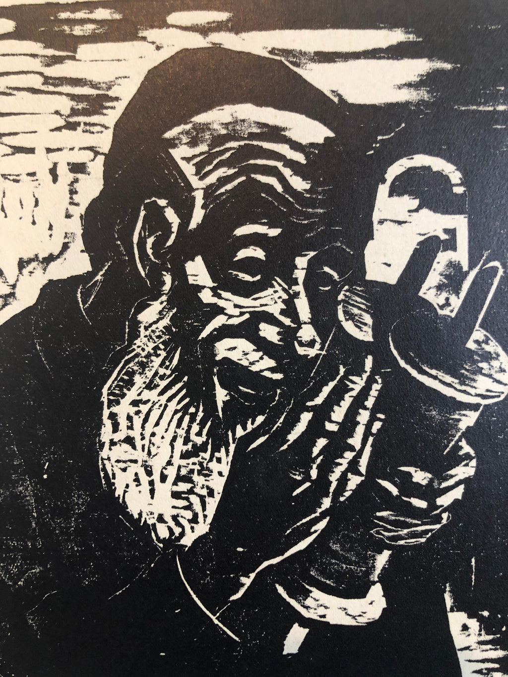 Jewish Rabbi with Torah German Expressionist Woodcut Israeli Early Bezalel