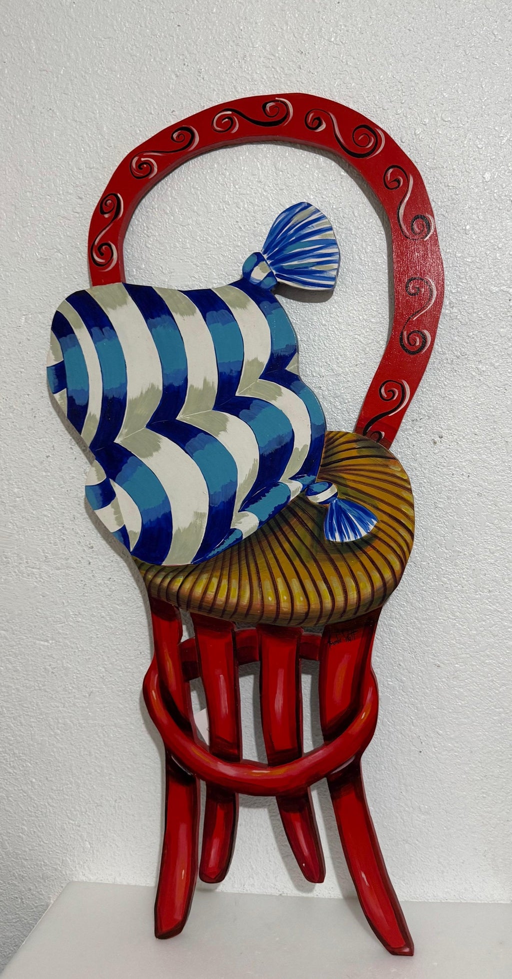 Pop Art Painting Carved Wall Sculpture Amanda Watt Thatched Chair Vibrant Color