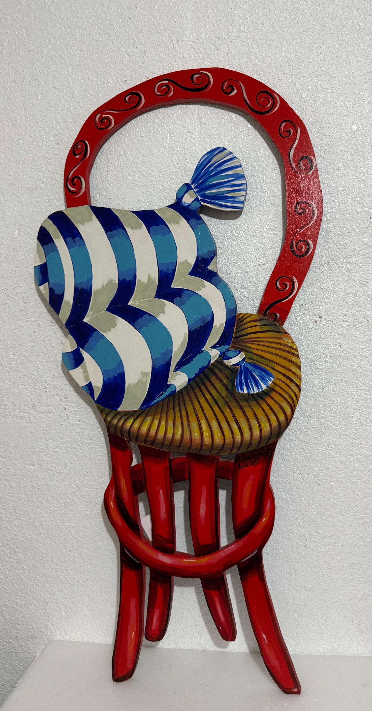 Pop Art Painting Carved Wall Sculpture Amanda Watt Thatched Chair Vibrant Color