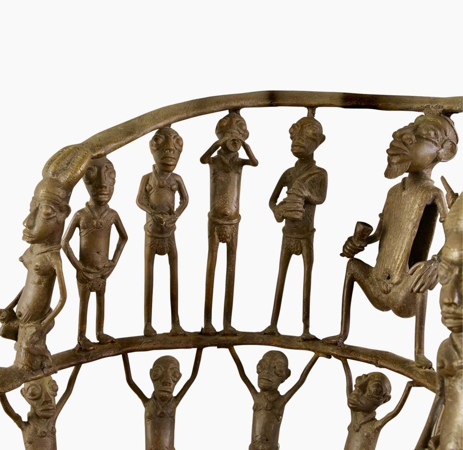Rare African Solid Benin Bronze Ceremonial Throne Chair Multi Figure Sculpture
