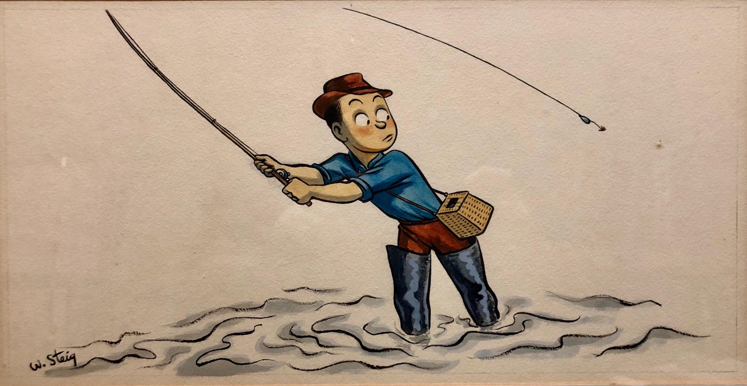 Whimsical Fishing Illustration Cartoon 1938 Mt Tremblant Ski Lodge William Steig