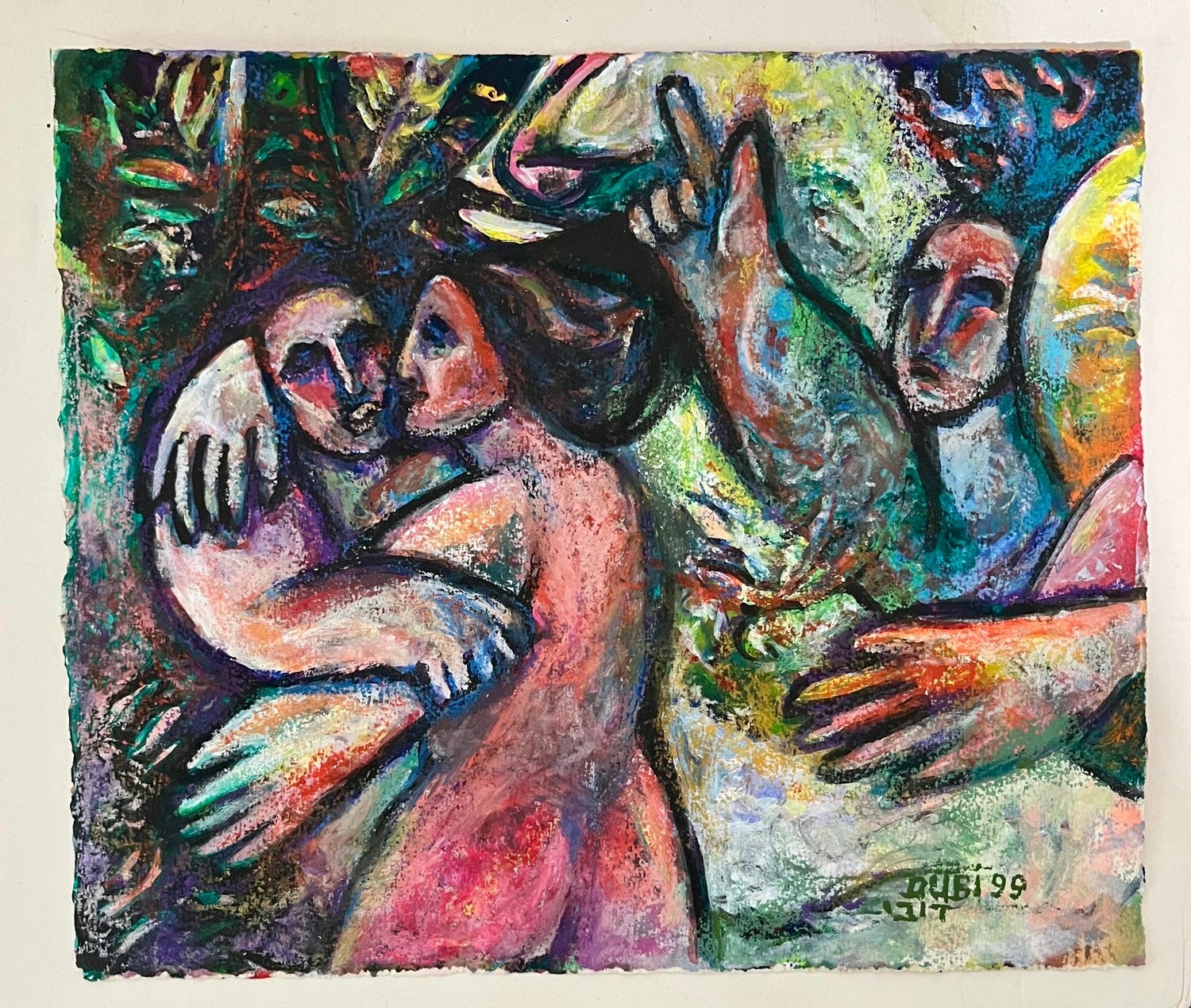 Israeli Judaica Original Painting "The Lovers" in Garden Polish Artist Arie Dubi