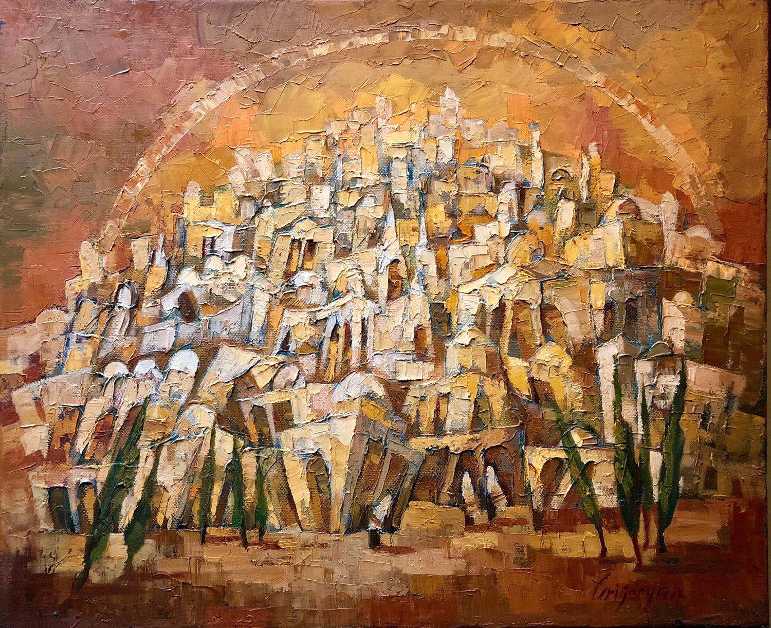 Old City Jerusalem Landscape Russian Israeli Judaica Oil Painting