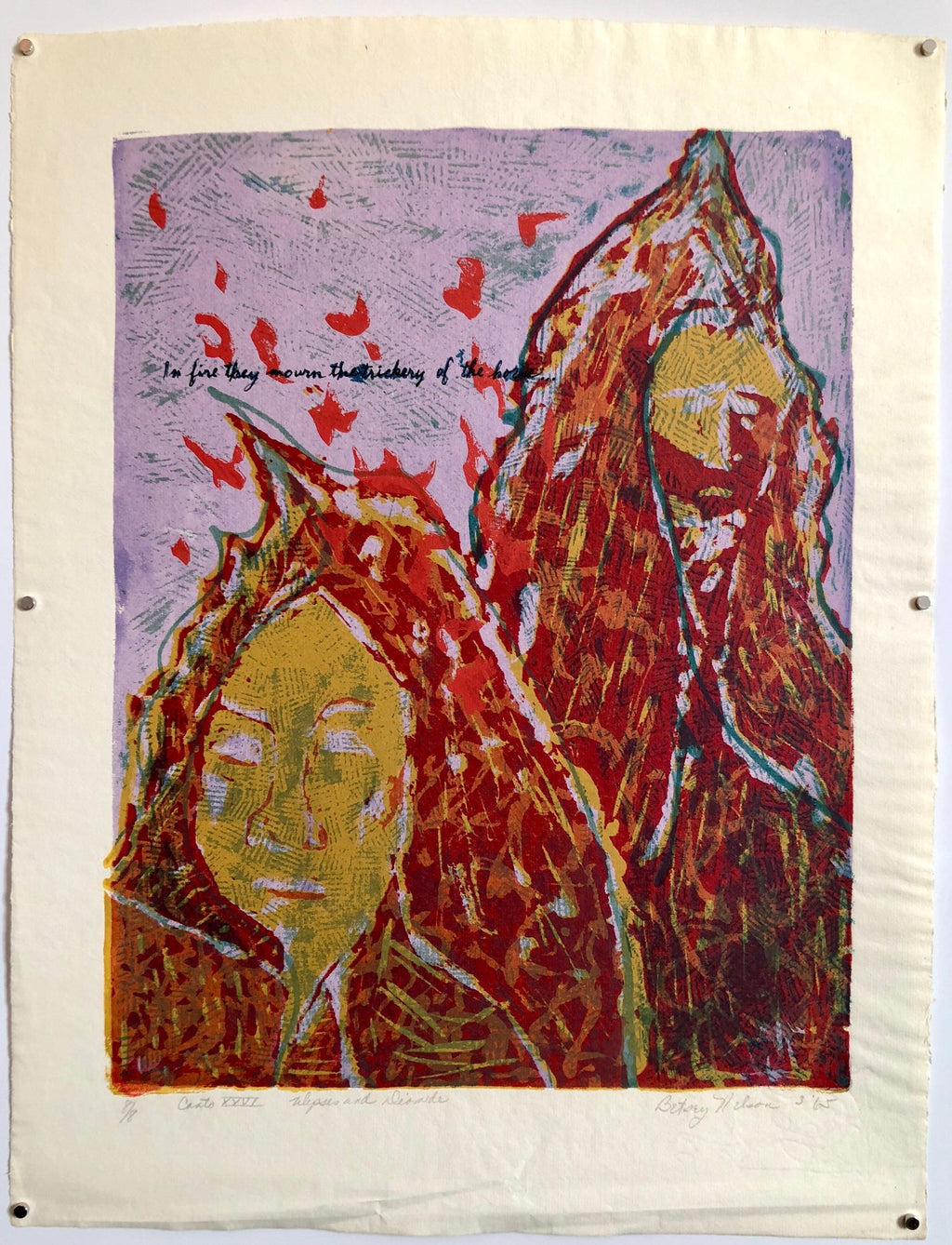 Vintage Vibrant Mod Divine Comedy Dante Inferno Virgil Woodblock Woodcut Print