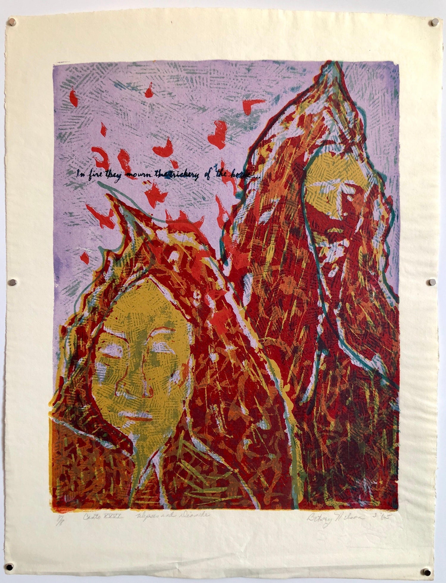 Vintage Vibrant Mod Divine Comedy Dante Inferno Virgil Woodblock Woodcut Print