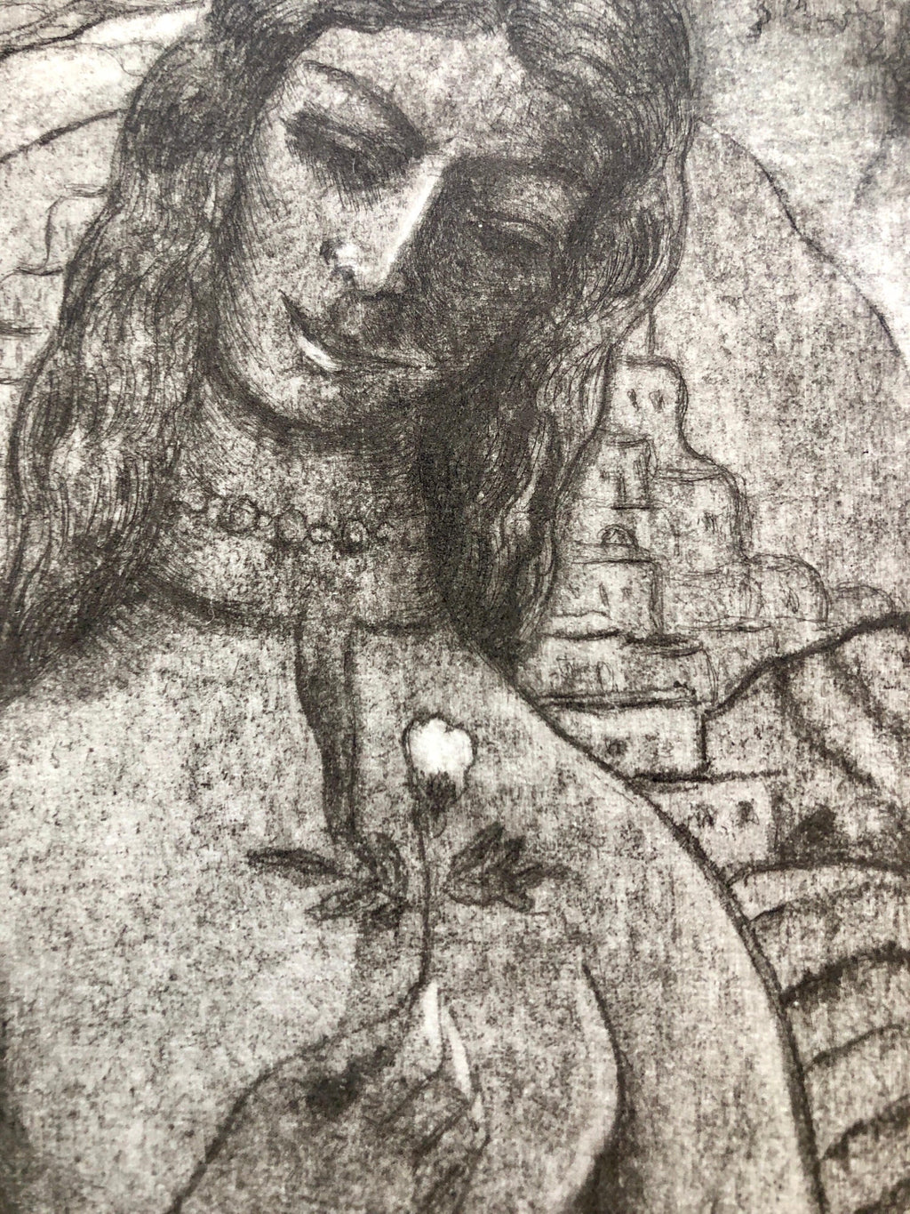 Modernist "I Am Black But Comely" Etching Israeli Judaica Bezalel School Woman